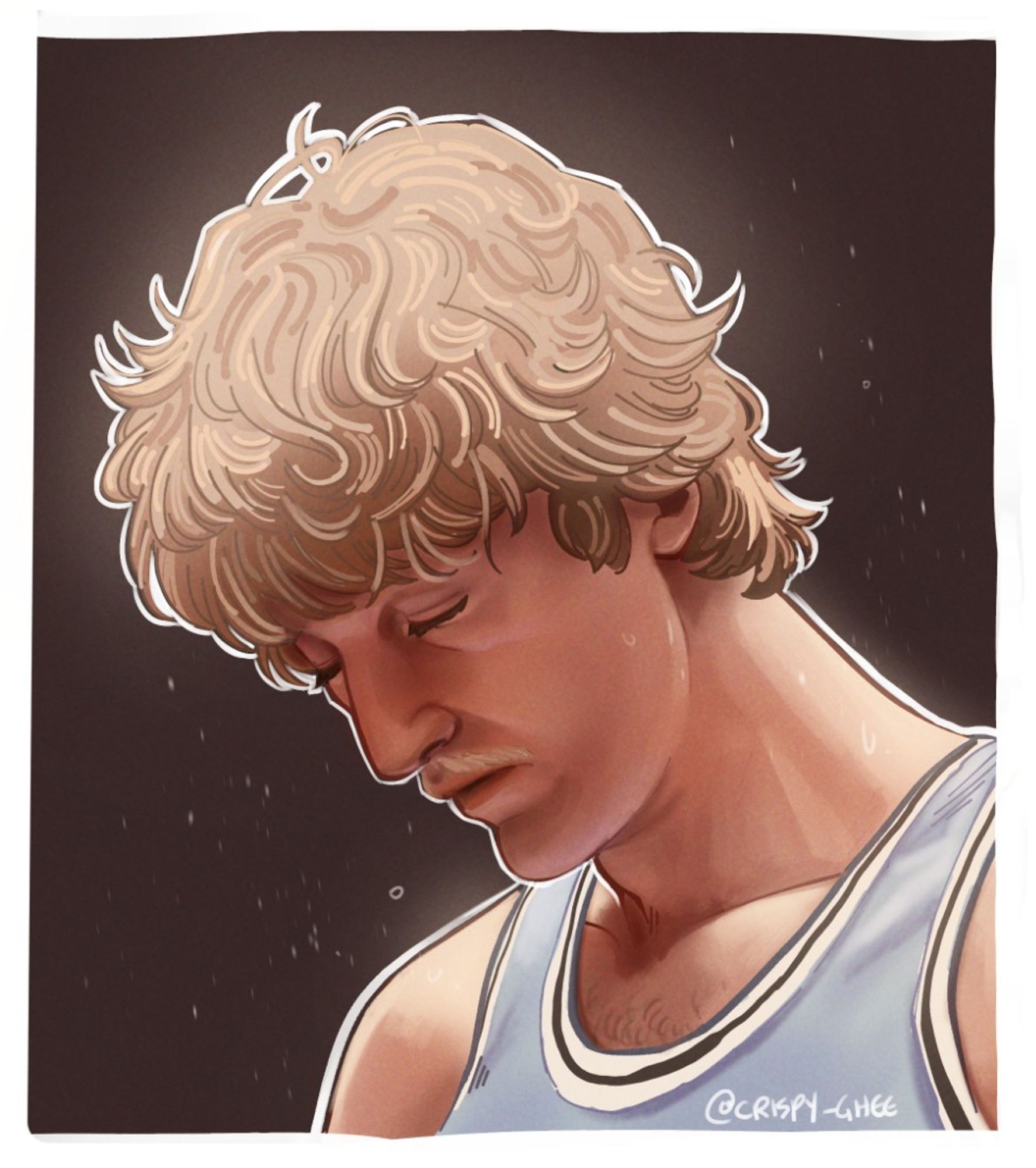 🍳 A painting of a young Larry Bird with his face turned down to the floor, looking sad