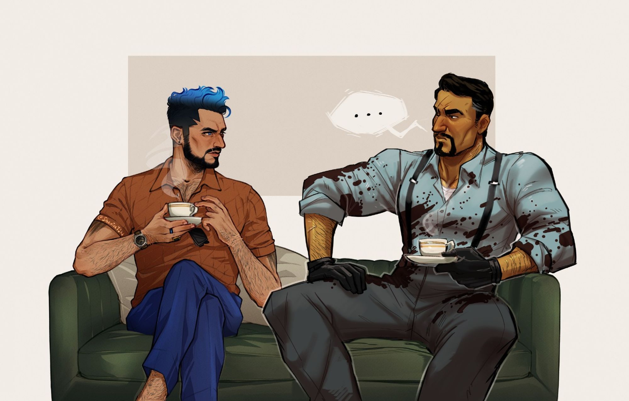 🍳 A drawing of @Shanicejtn 's character Az sitting next to @crispy-ghee 's character Papa Solomon. They are both holding tea cups, looking at each other somewhat judgmentally. Solomon's clothes are covered in what may or may not be dried blood.

Solomon is saying: " . . . "