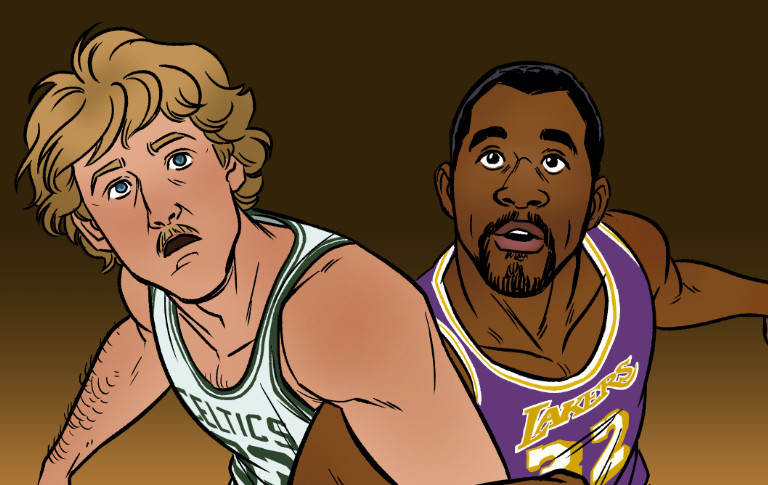 🍳 A flat colored drawing of Larry Bird and Magic Johnson