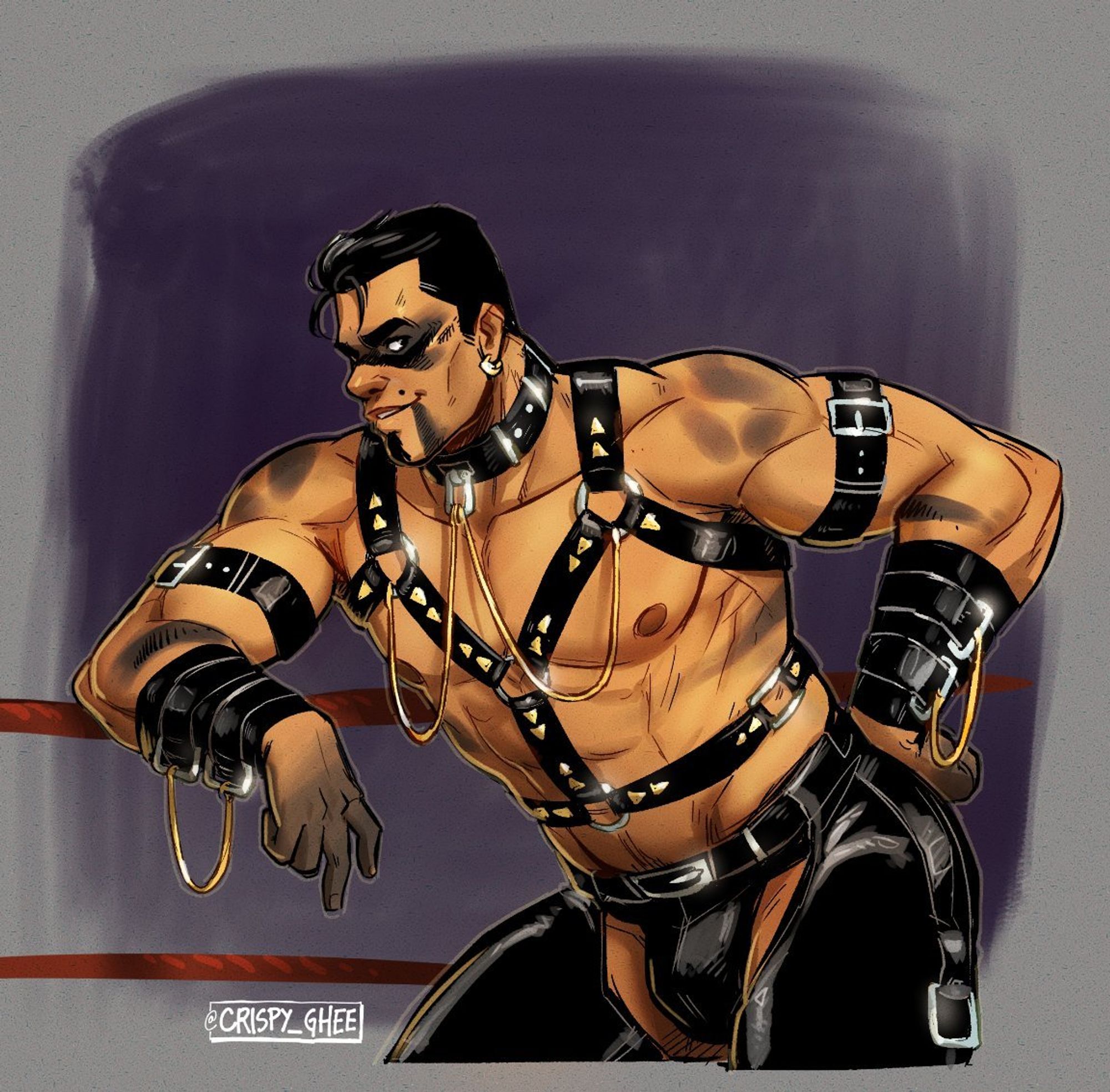 🍳 A wrestler named Demolition Daddy leaning against the ropes. He is wearing a harness, collar, bracers, and chaps. His face and other parts of his body are smeared in 'soot'