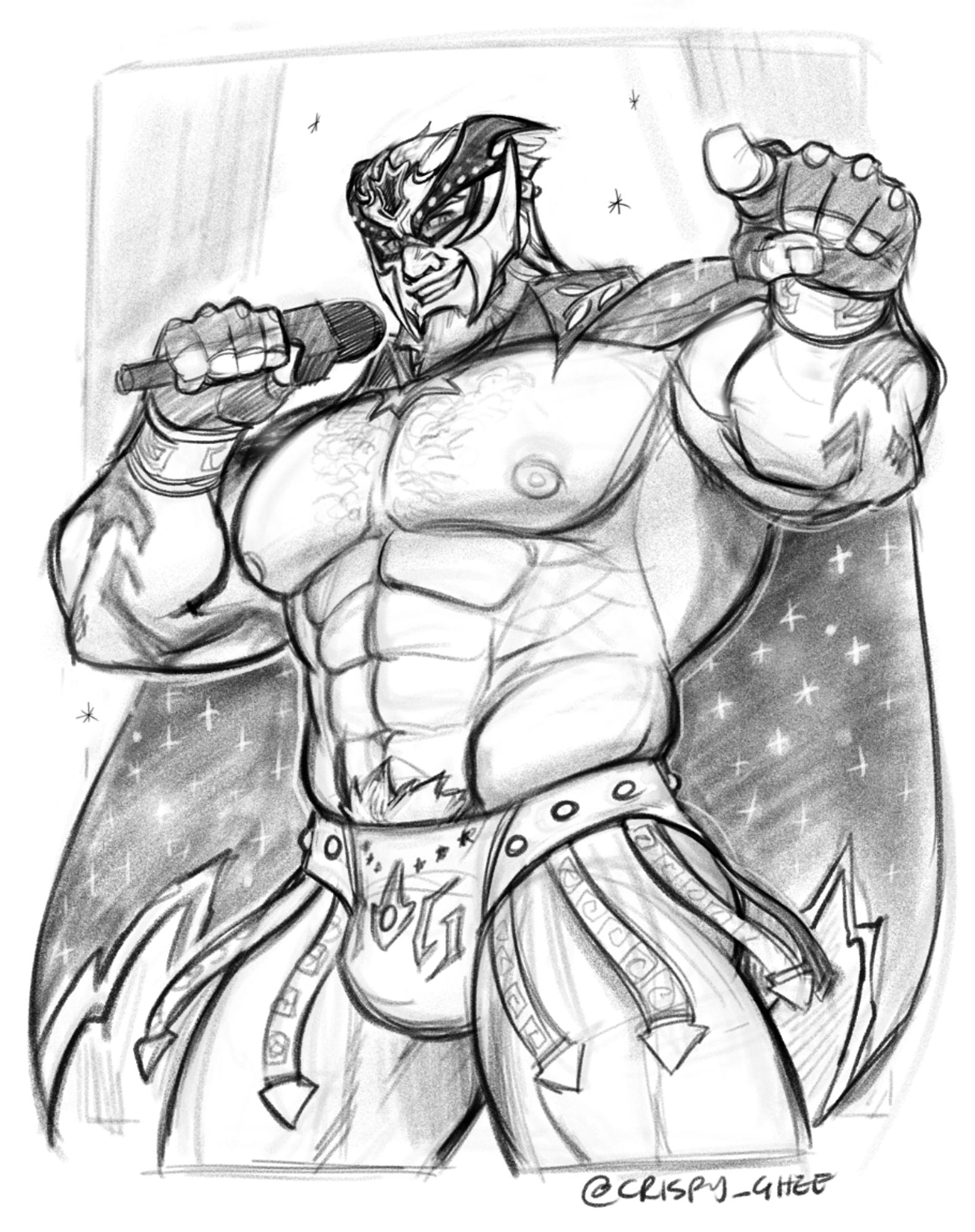 🍳 A digital sketch of a masked wrestler pointing at the viewer with a challenging smile on his face, speaking into a microphone.