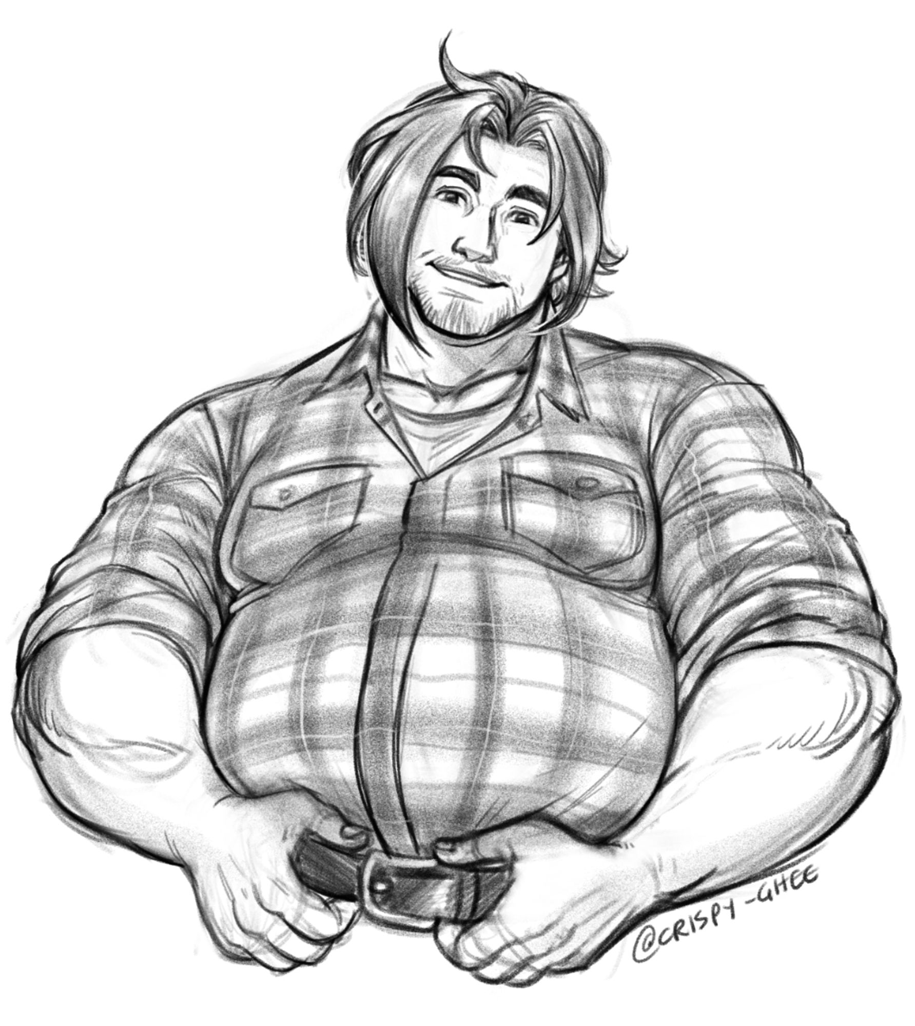 🍳 A large man with a belly in a plaid shirt holding his belt, looking down at the audience with a smile.