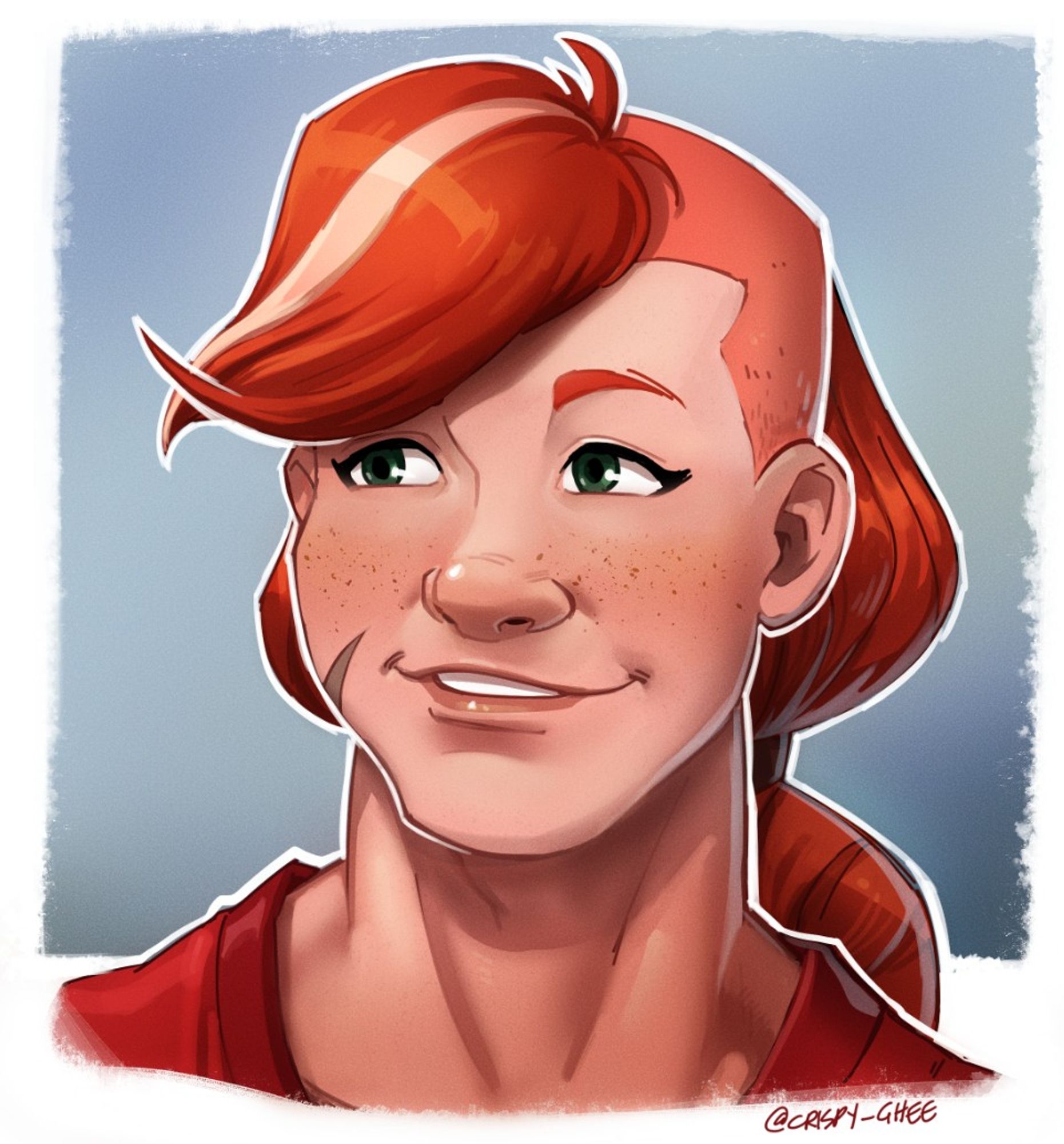 🍳 A colored drawing of a strong woman smiling. Her red hair is shaved except for a puff of bangs in the front and a large braid in the back. She has freckles and a scar on her cheek.