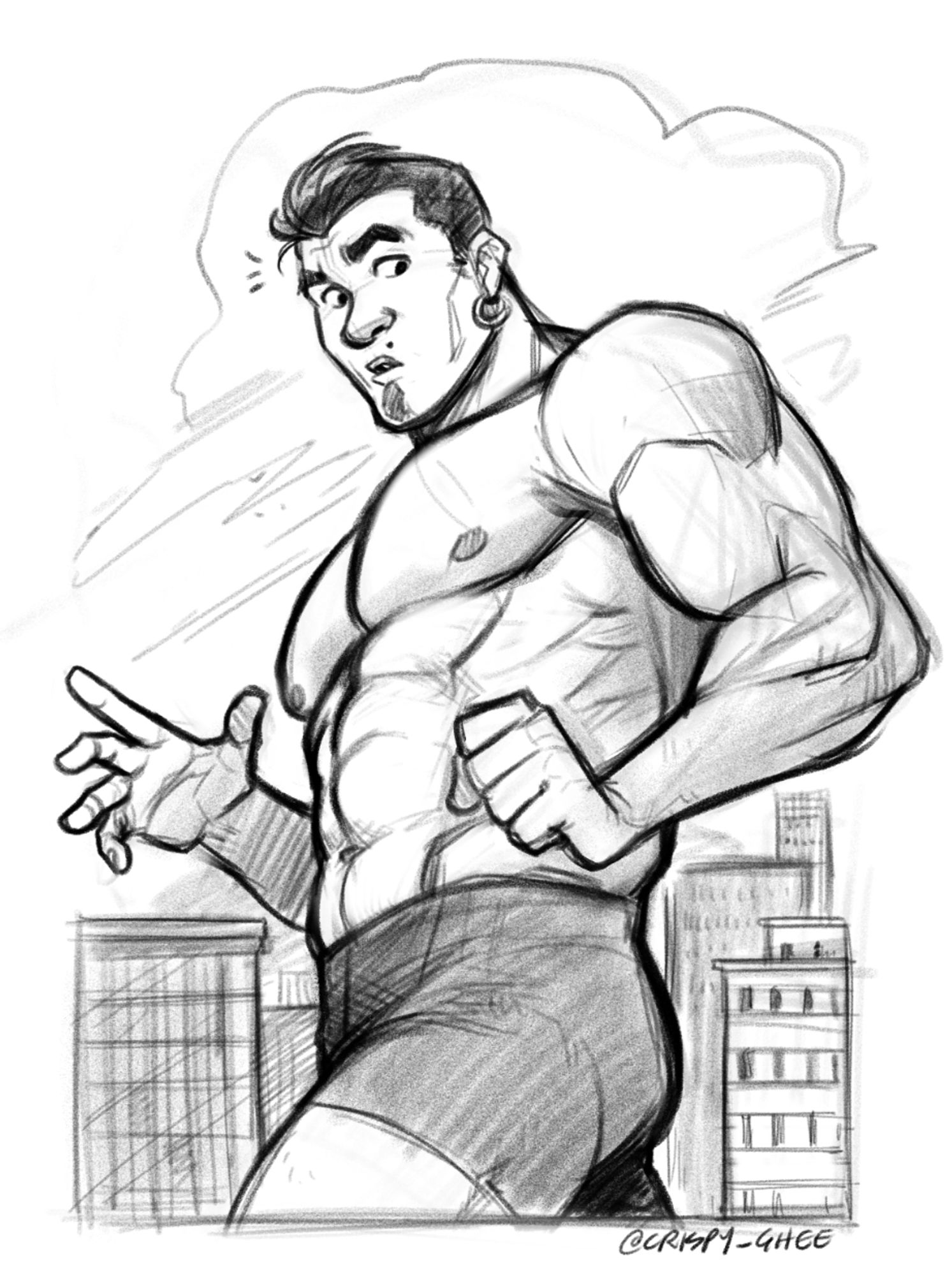 🍳 A digital pencil drawing of a muscular man the height of godzilla walking around a city, looking surprised