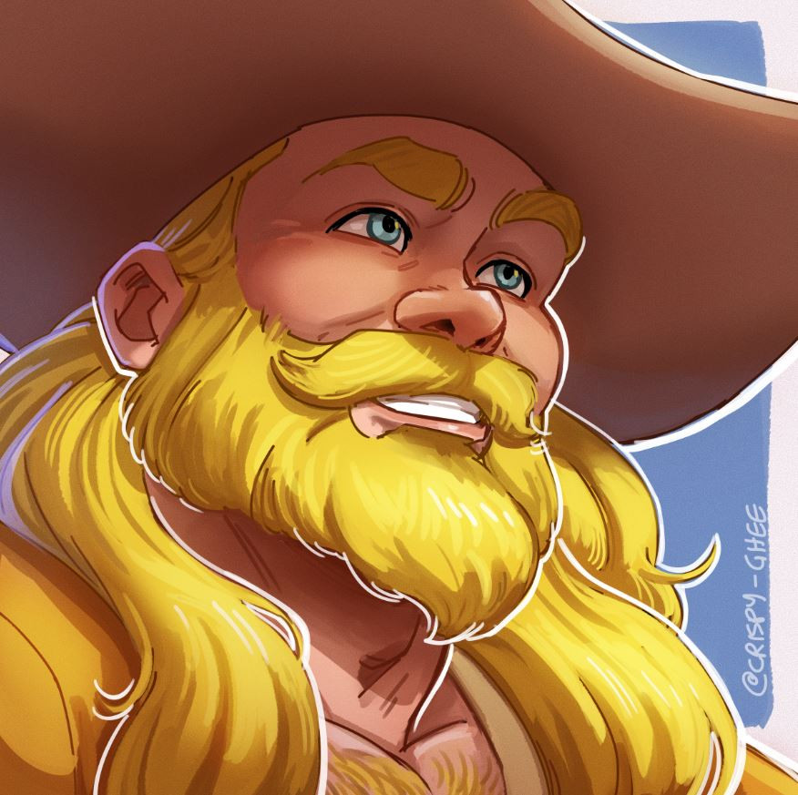 🍳 A drawing of a bearded, long-haired blond man, who is wearing a large-brimmed hat. He is looking off into the horizon with a smile