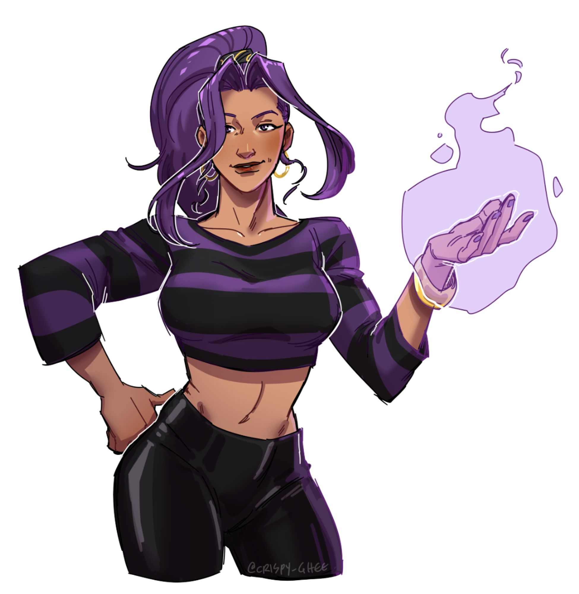 🍳 A woman with purple hair in a high ponytail, a striped croptop shirt, and leather pants. Her left hand is glowing purple, magically.