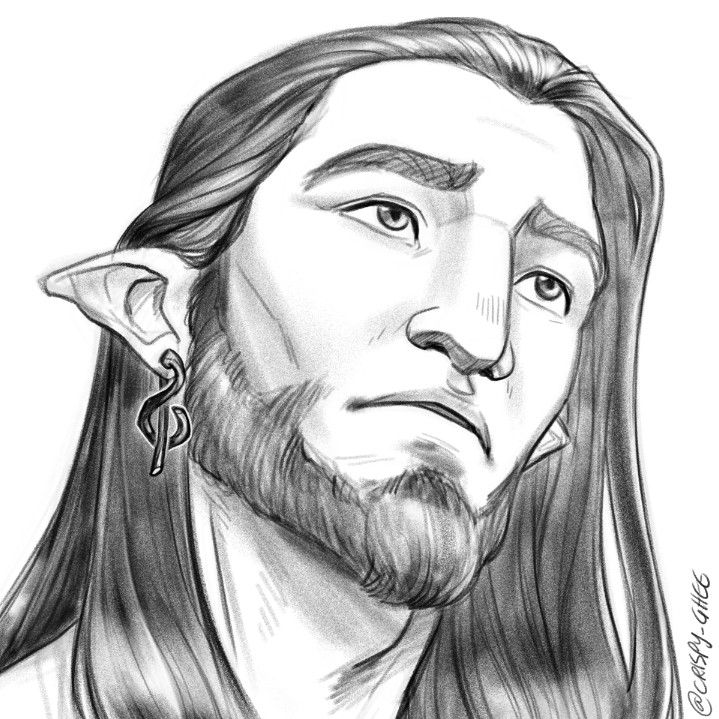 🍳 A digital sketch of a man looking contemplative. He has long sleek hair and a beard. HIs ears are pointy. In his right ear is an earring resembling an ampersand. 