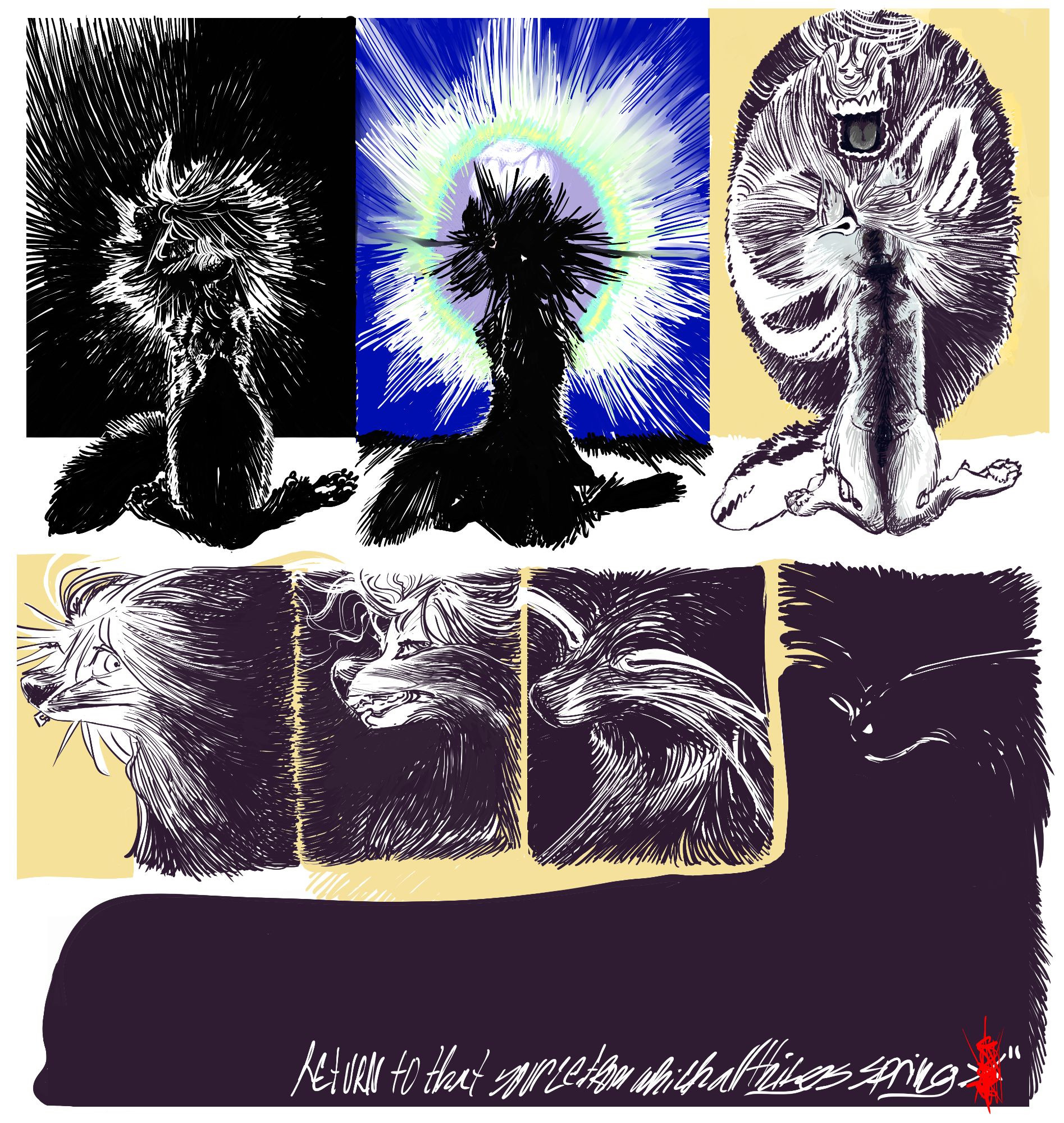 An excerpt from a work in progress comic, a wolf named Dewclaw sits in the shadow of the End of the Line before she is overtaken by a newly formed halo and decimated back into that which came before and will forever come after.
The text in the final panel reads  "Return to that source from which all things spring." Followed by her symbol "noisy" hastily struck through.