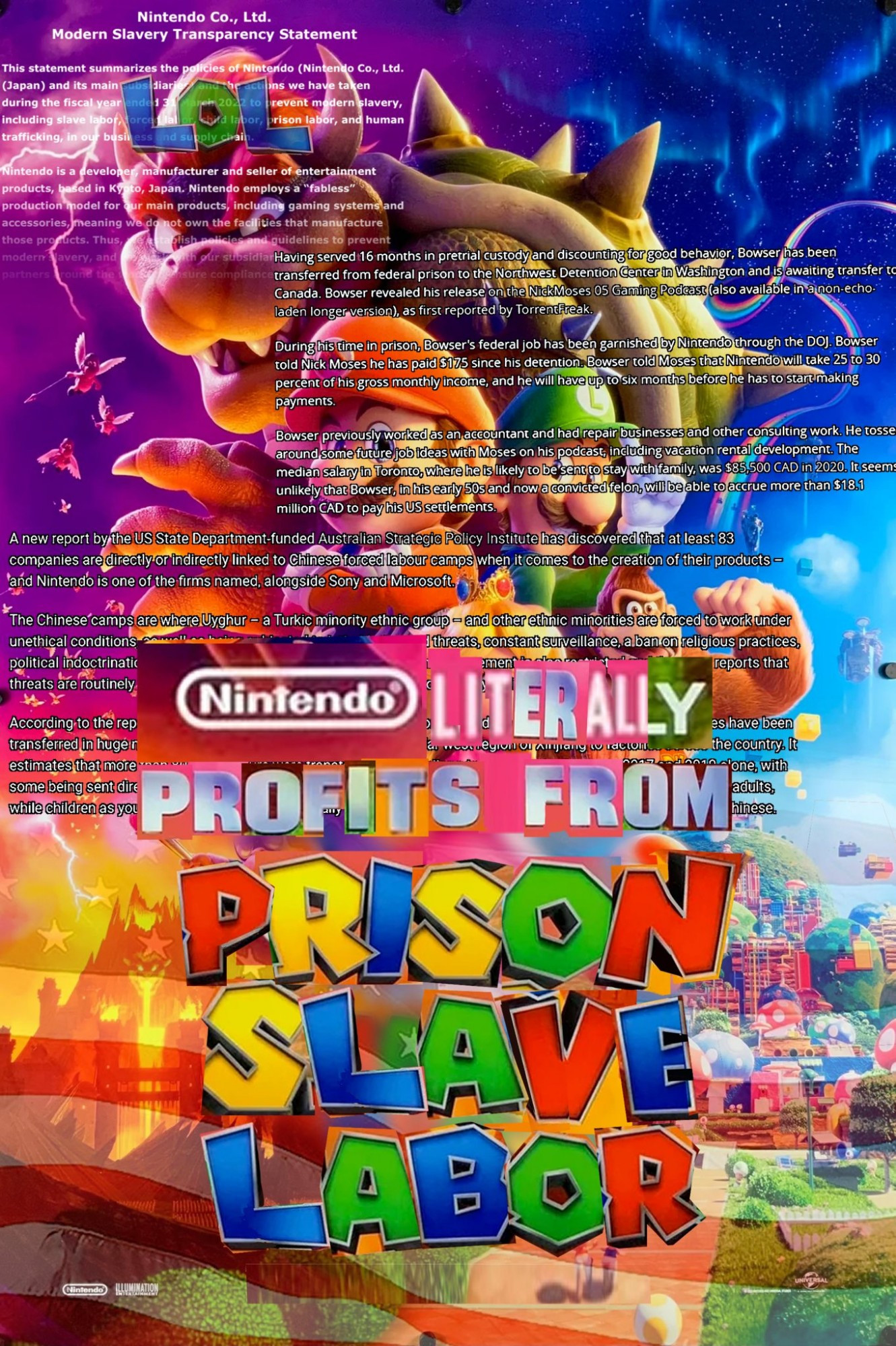 Super Mario movie poster with collaged text reading "Nintendo literally profits from prison slave labor" with snippets of articles about the stated topic in the background.