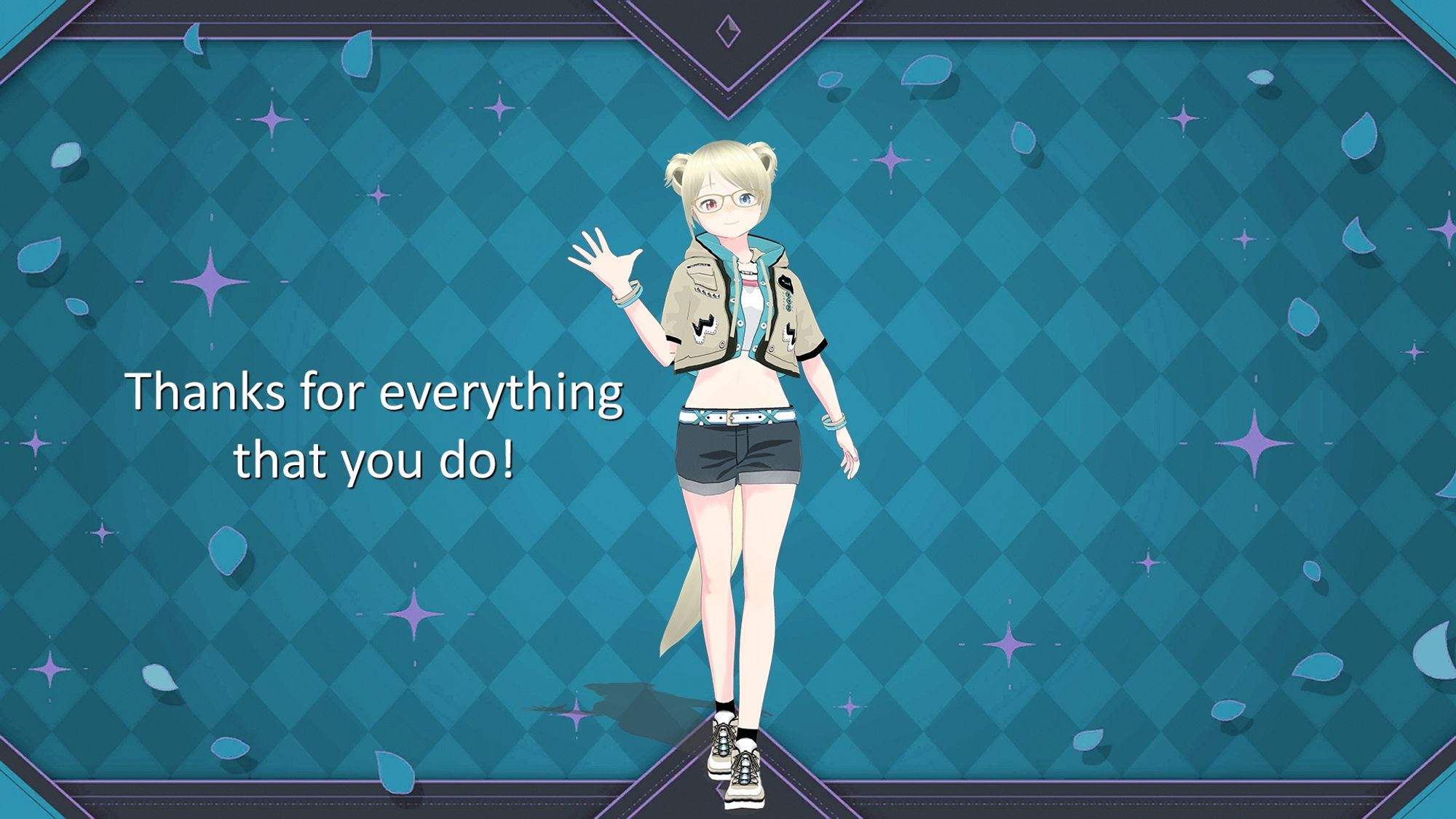 An otter girl waving. She is wearing a crop top shirt/jacket and denim shorts. The background has a diamond pattern in blue. The text says, “Thanks for everything that you do!”