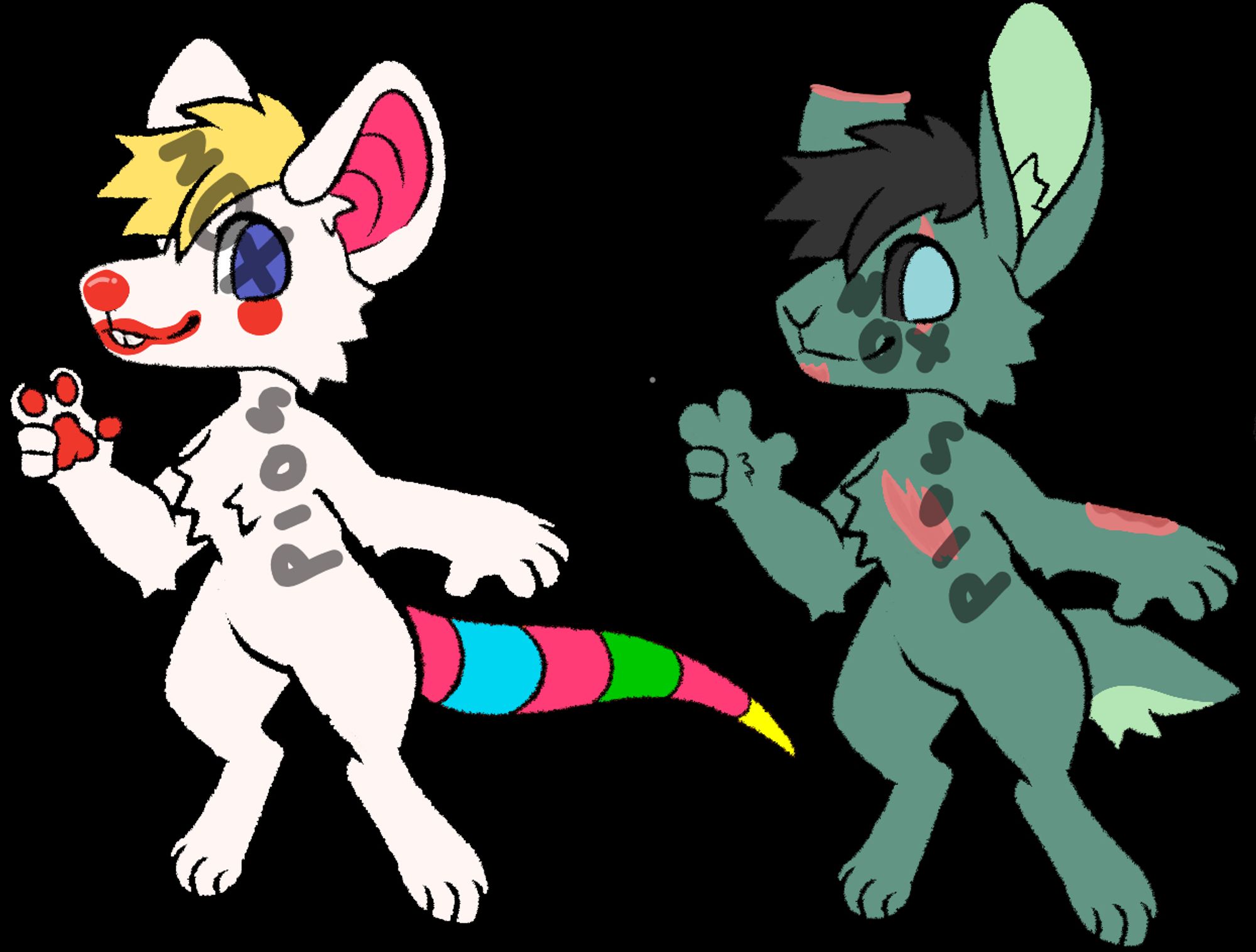 Image 1: A white rat with clown makeup. They have a blonde tuft of hair, and their tail is pink with a blue, green, and yellow stripe. 

Image 2: A pale dark green rabbit with black hair. They have several scars, and their left ear is missing a piece. Their iris/pupil are light blue, while their sclera is black.