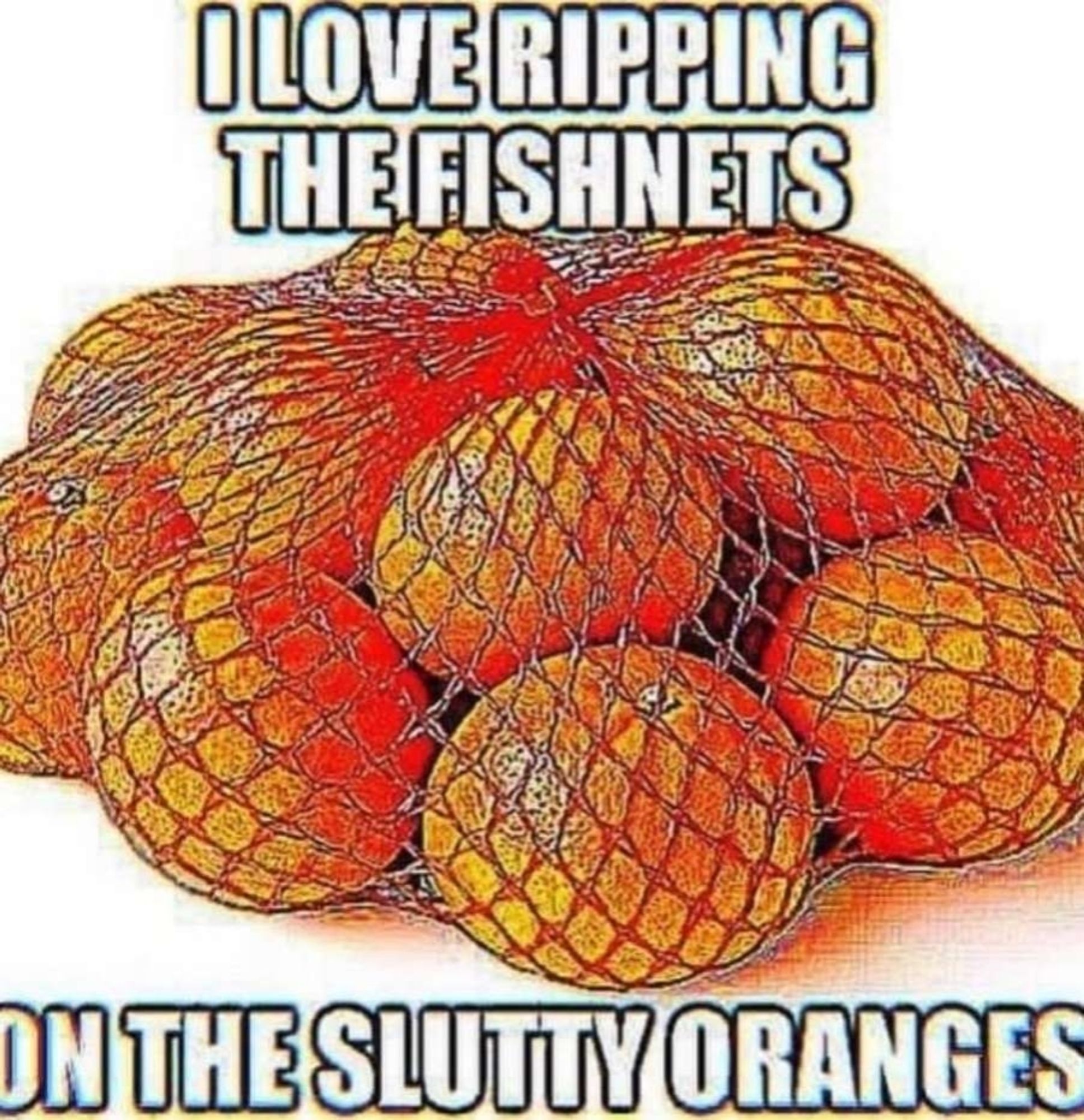 A meme of a bag of oranges that reads: I love ripping the fishnets off the slutty oranges.