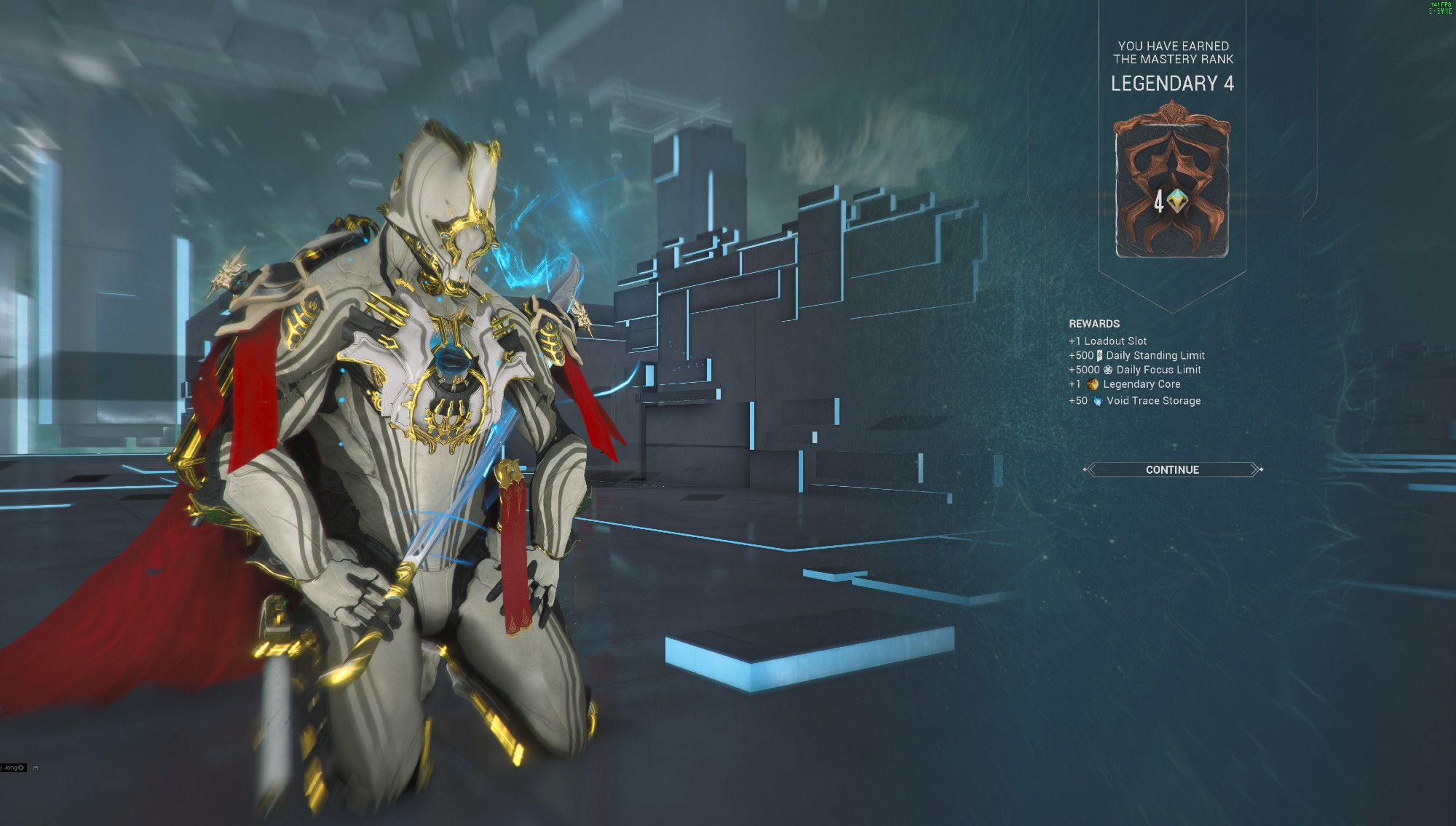 Excalibur Prime kneeling. Legendary Rank 4 reached.