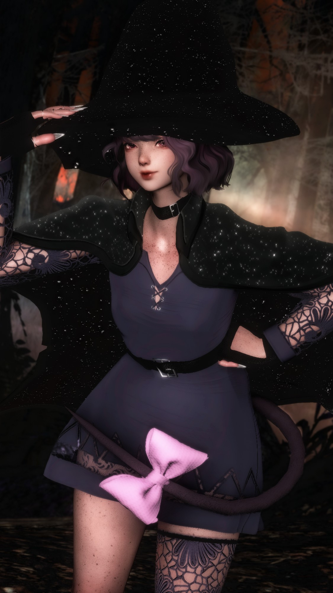 in a dark forest, rat girl with purple hair, in matching dress. wearing big black witch hat with sparkles and matching to that cape.