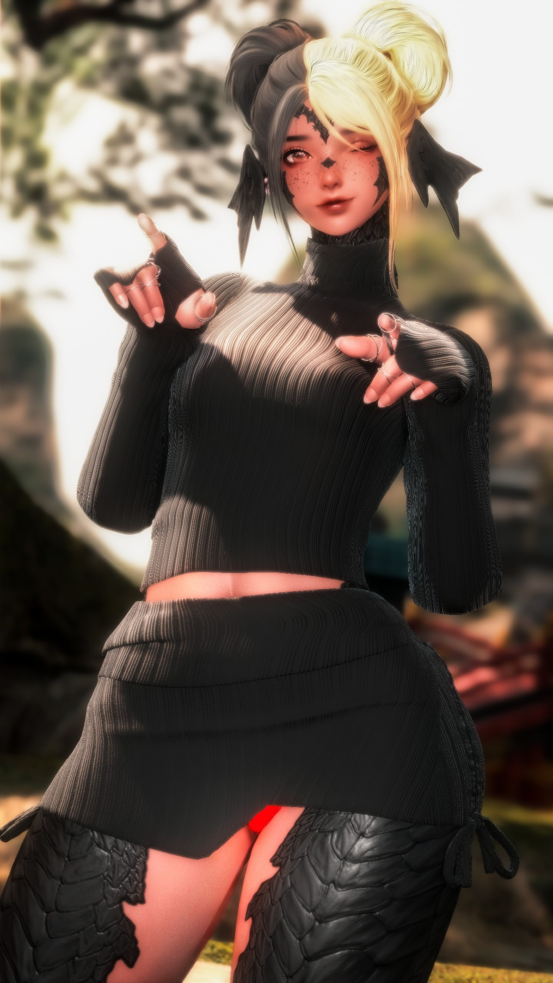 Au ra girl, with split colored hair, half grey, half blonde. wearing a cute black sweater and matching skirt. Winking and point at the camera with both her hands. Red panties peeking from under the skirt.