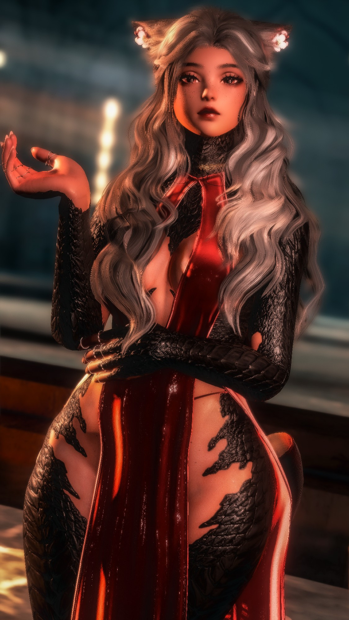 Palace setting.
Miqo'te with grey long hair, standing like royalty, looking down at the camera. One hand to the side, looking like holding a chalice, other covering her belly. Almost entirety of her body covered in black scales. She's wearing a rather revealing red dress, clearly presenting her thighs and lack of underwear.