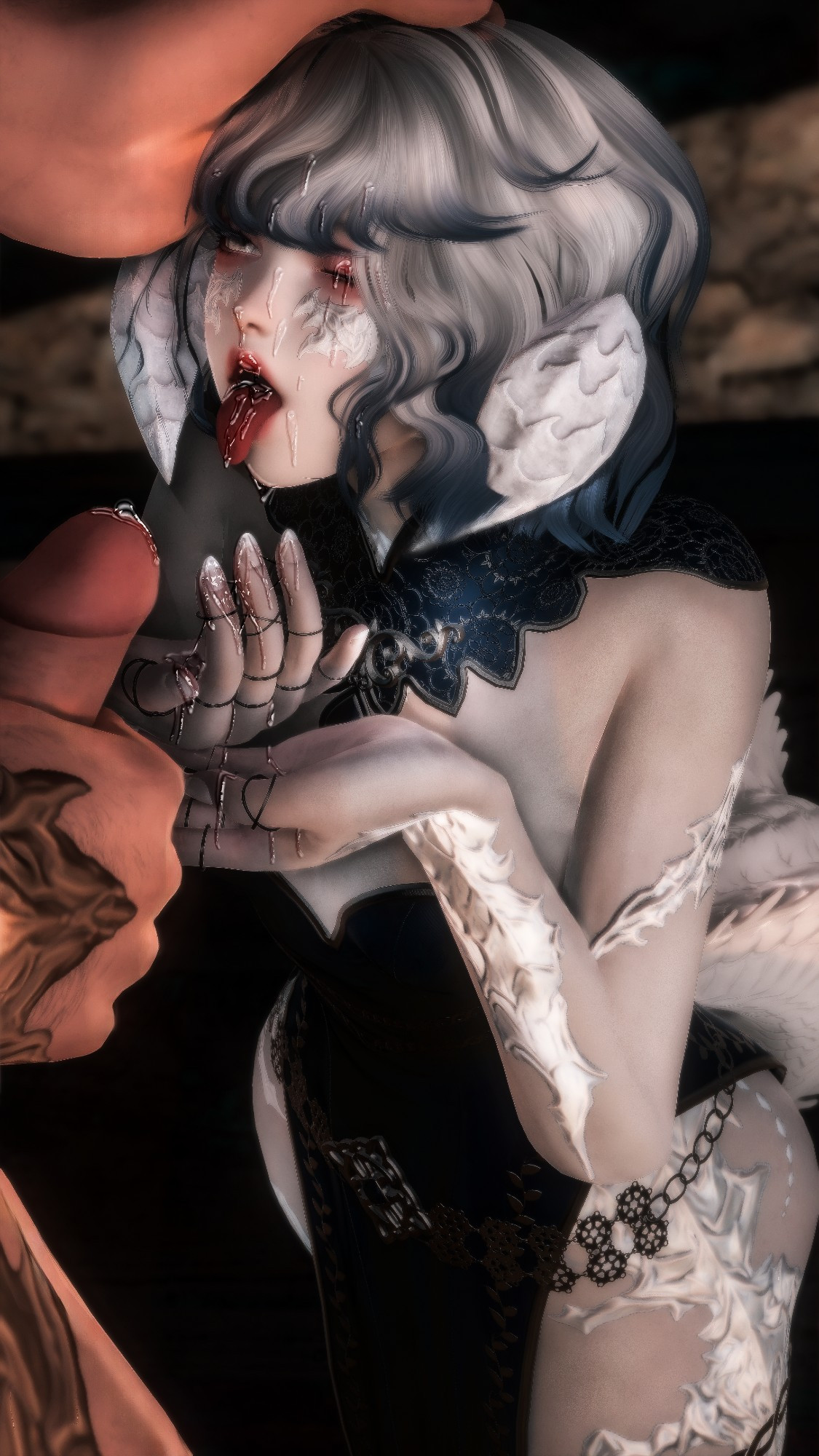 pale au ra girl, in a blue dress. held by the hair, dick in front of her. her face covered in cum, her hands below trying to catch more, also covered in cum 