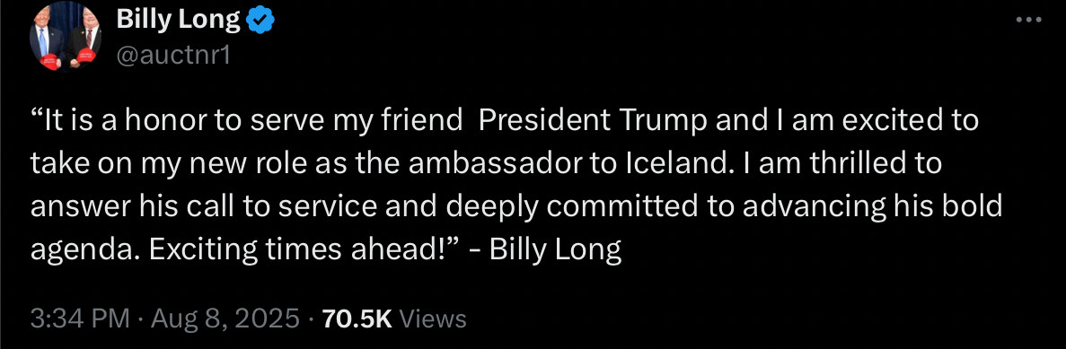 Text from Billy Long thanking Trump for naming him ambassador to Iceland 