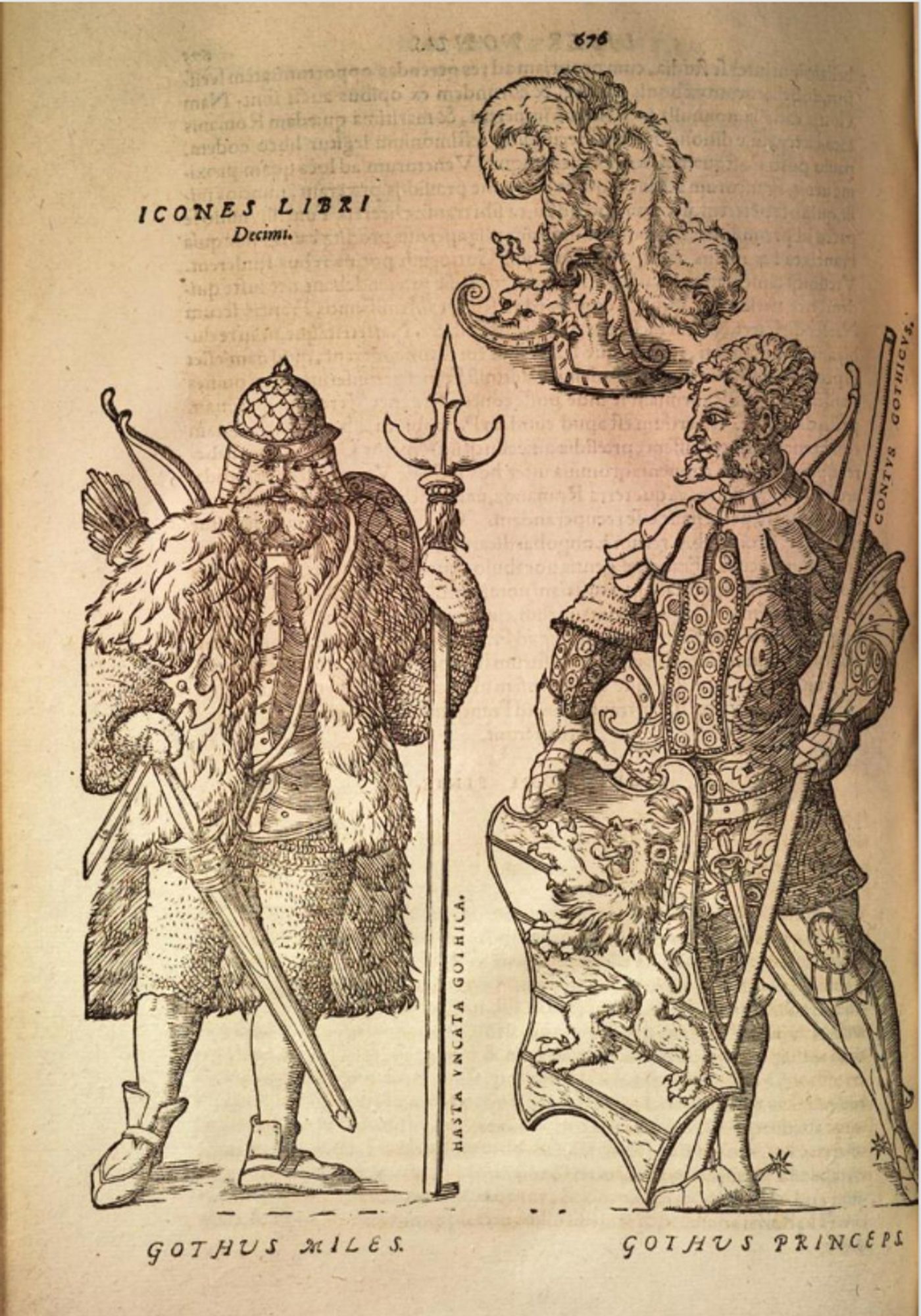 Illustration of a Gothic soldier and a Gothic prince from a 16th century historical work. Also an elaborately plumed helmet.