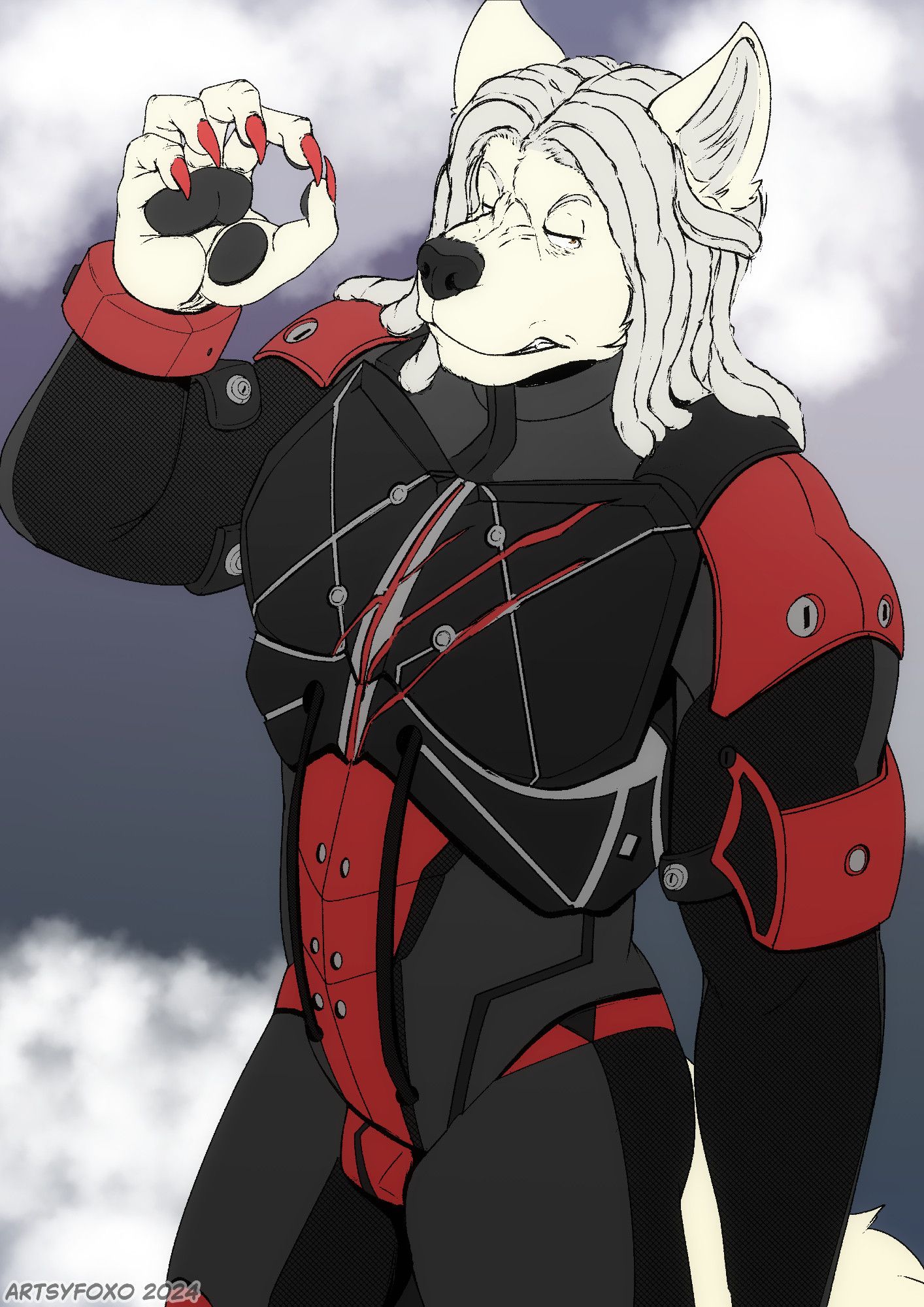 A white wolf man, Quinn in a Black and red tech suit. With a grey sky as a background.