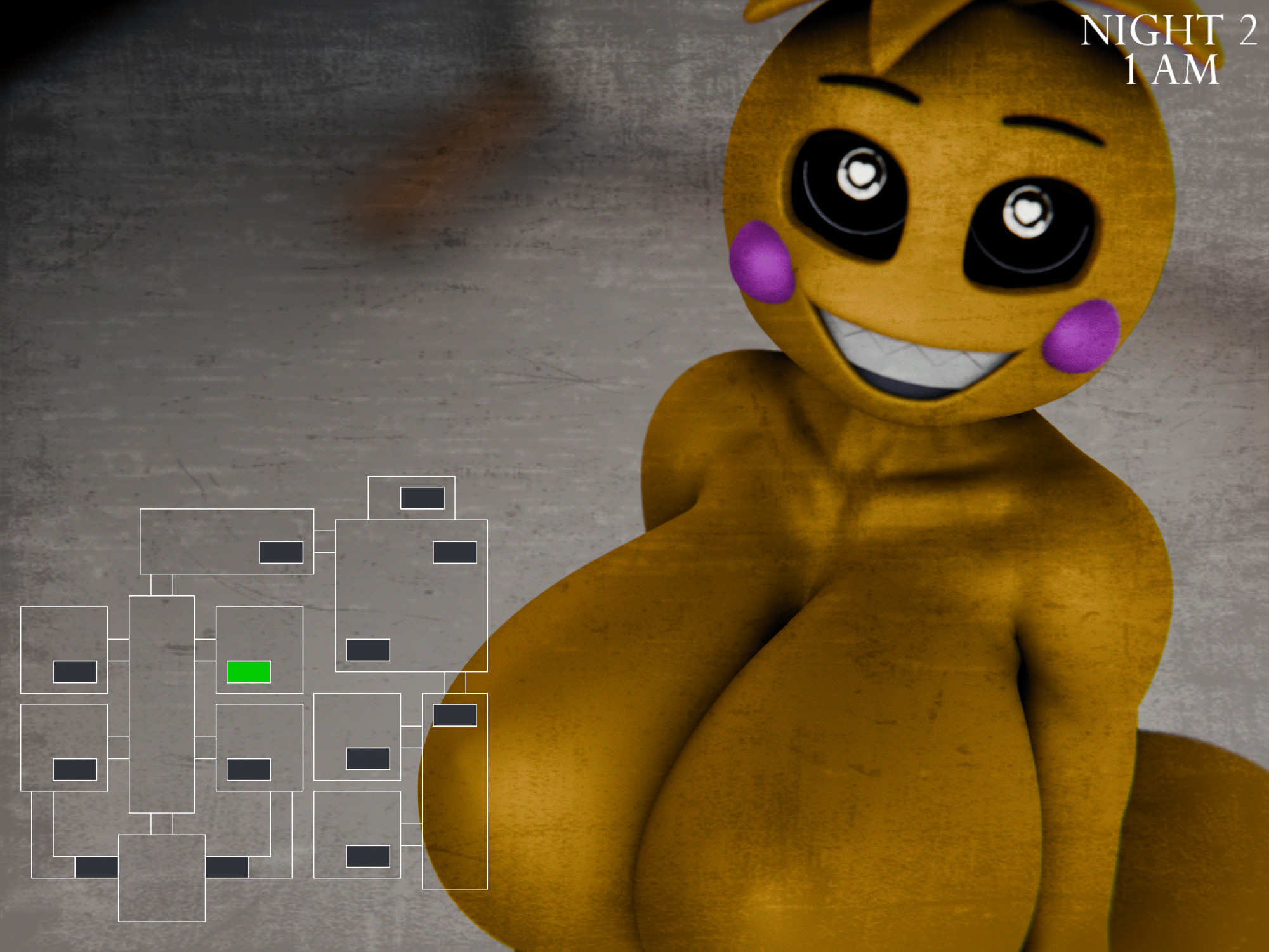 Toy Chica looking at the camera. Big Tits. Huge even.