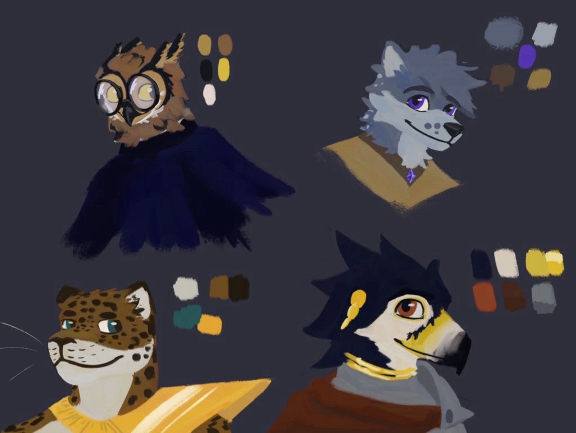 4 headshots of anthro animals, starting top left and going clockwise: a great horned owl with glasses and a cloak, a blue grey wolf in a robe, a jaguar with gold plating, a peregrine falcon in heavy armor and a red cape