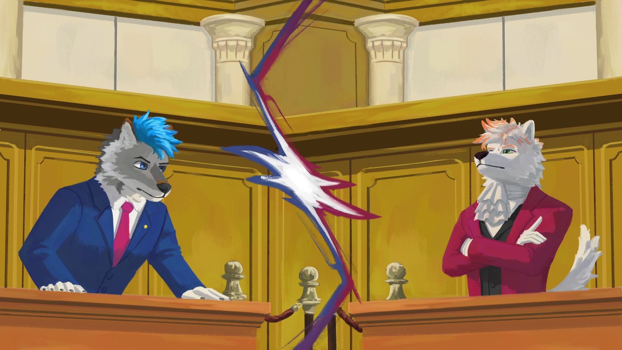 Two anthro canines in an ace attorney courtroom in Phoenix sand Edgeworth’s outfits