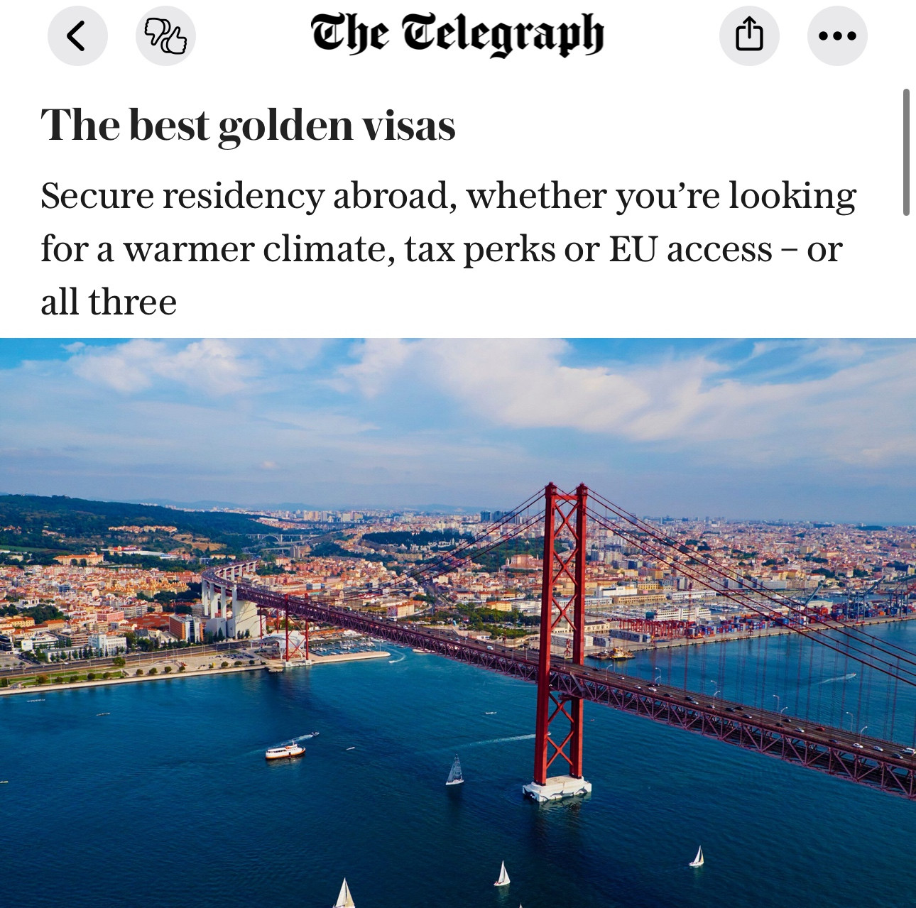 The Eelegraph
凸
•
The best golden visas
Secure residency abroad, whether you're looking for a warmer climate, tax perks or EU access - or all three