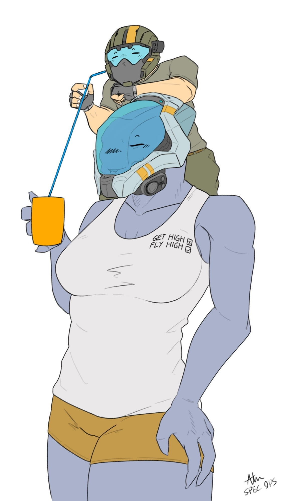 Second iteration of sangheili wife and goober pilot sharing drinks, in coloured