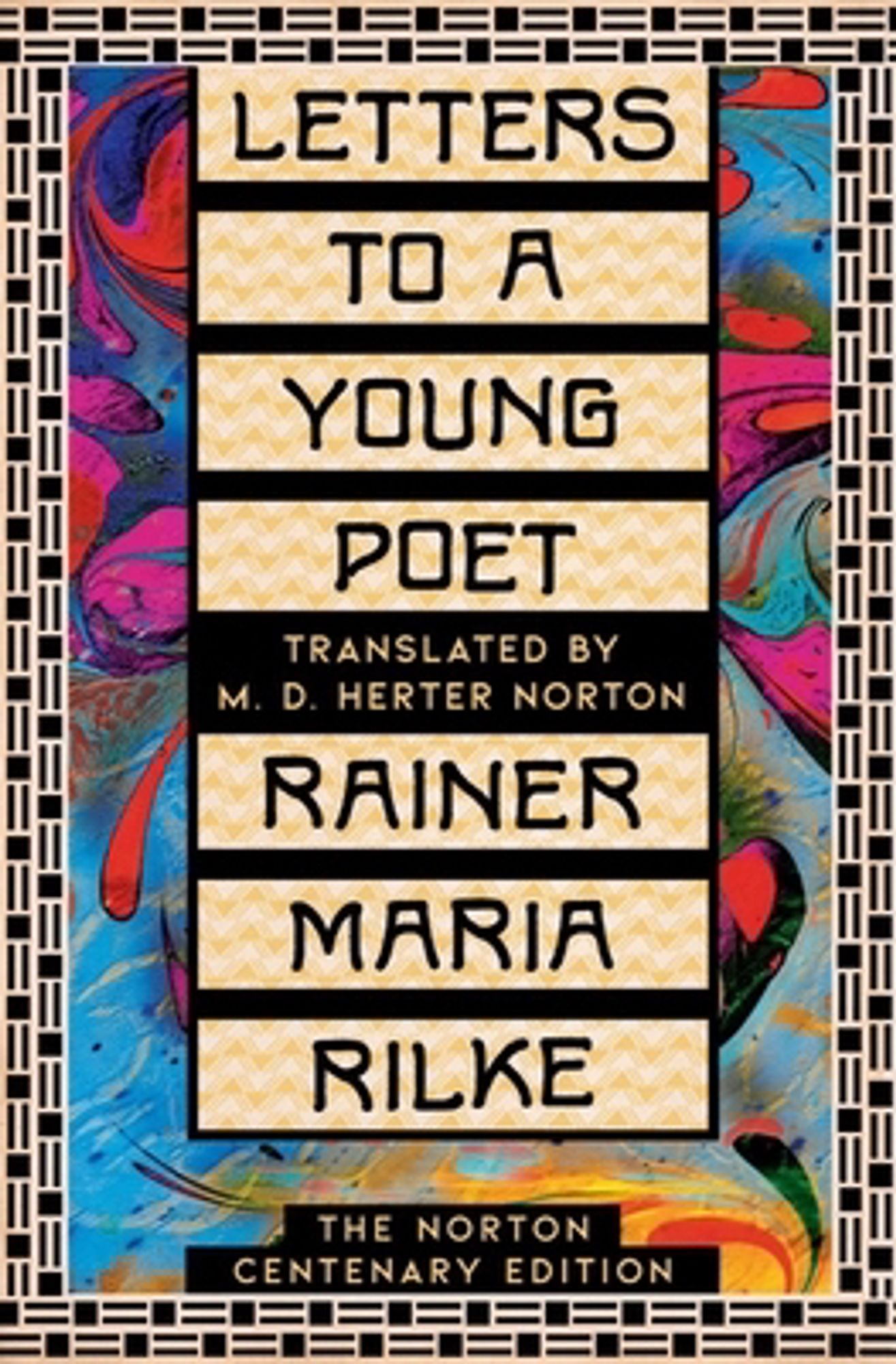 Cover of Letters to a Young Poet by Rainer Maria Rilke in an Art Deco sort of style.