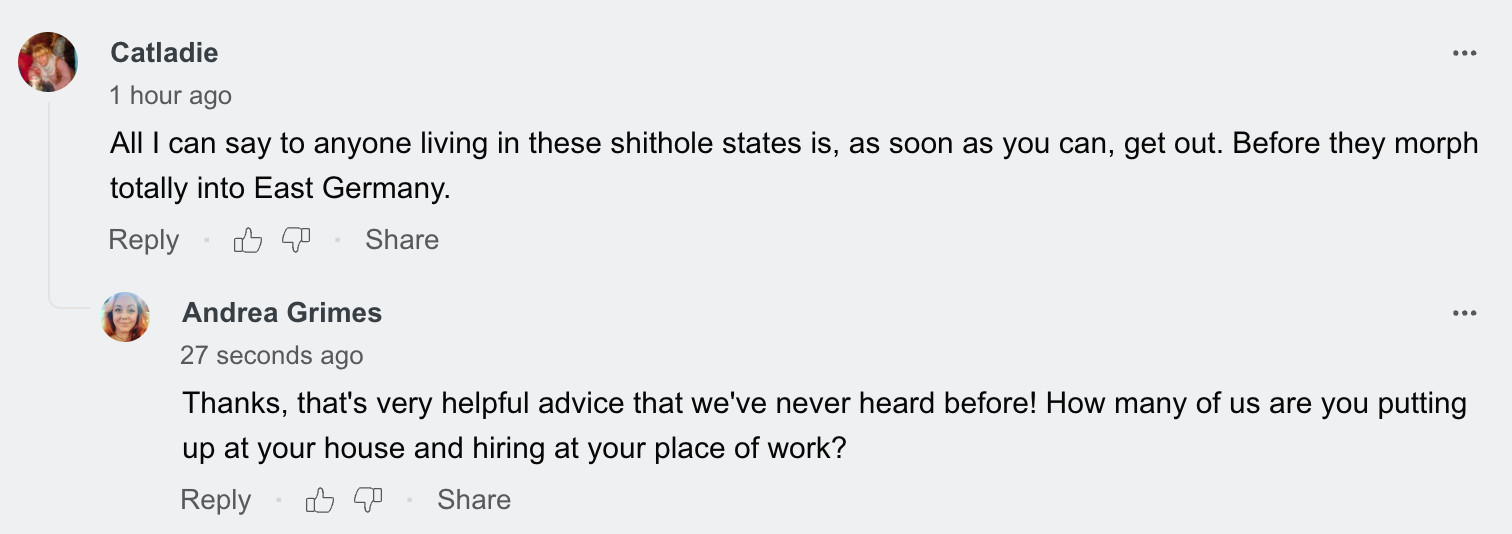 a comment exchange on the Post social media platform.

"Catladie" says: "All I can say to anyone living in these shithole states is, as soon as you can, get out. Before they morph totally into East Germany."

I respond: "Thanks, that's very helpful advice that we've never heard before! How many of us are you putting up at your house and hiring at your place of work?"