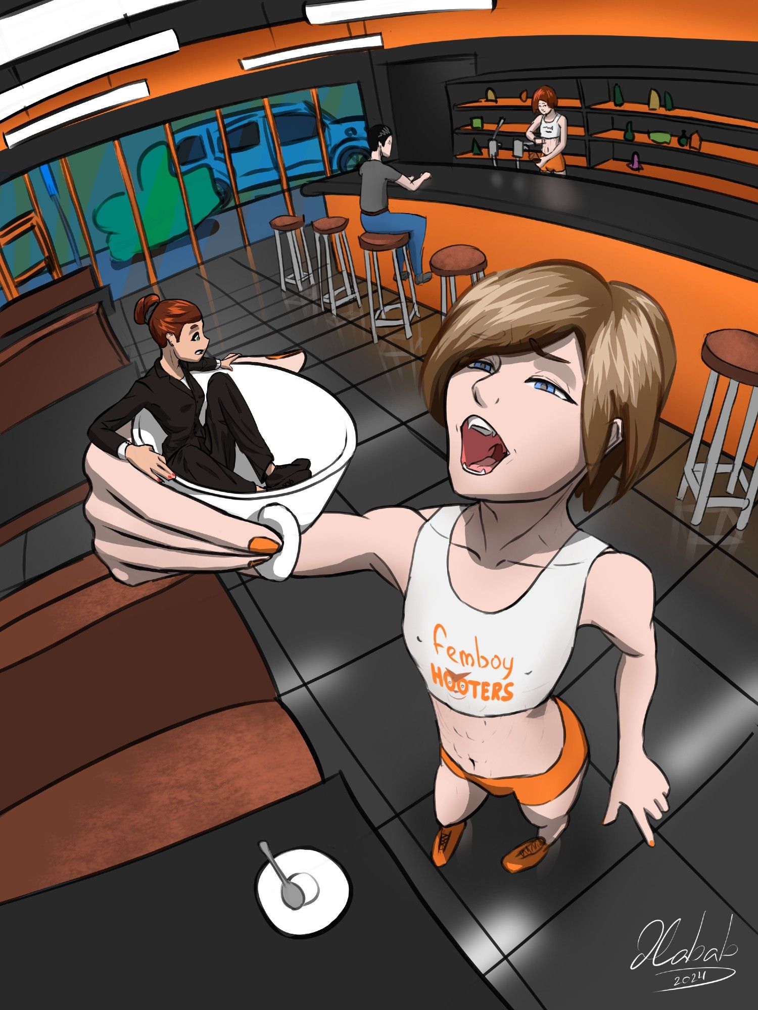 This drawing shows a stylized scene inside a brightly-lit restaurant with orange and black accents. The perspective is exaggerated and fisheye-like, creating a dramatic upward angle. In the foreground, a femboy waiter is depicted wearing an orange and white “Femboy Hooters” uniform, complete with short shorts, a crop top and orange nail polish. He extends his arm, holding a cup above his wide open mouth. A tiny woman in a black suit sits in the cup with a startled expression. In the background, a second customer, a man is seated at the bar, drinking alone. A second femboy in the same uniform tends the bar. The picture includes large windows with a view of a blue car parked outside. The lighting is bright, with strong contrasts and shading. End description.