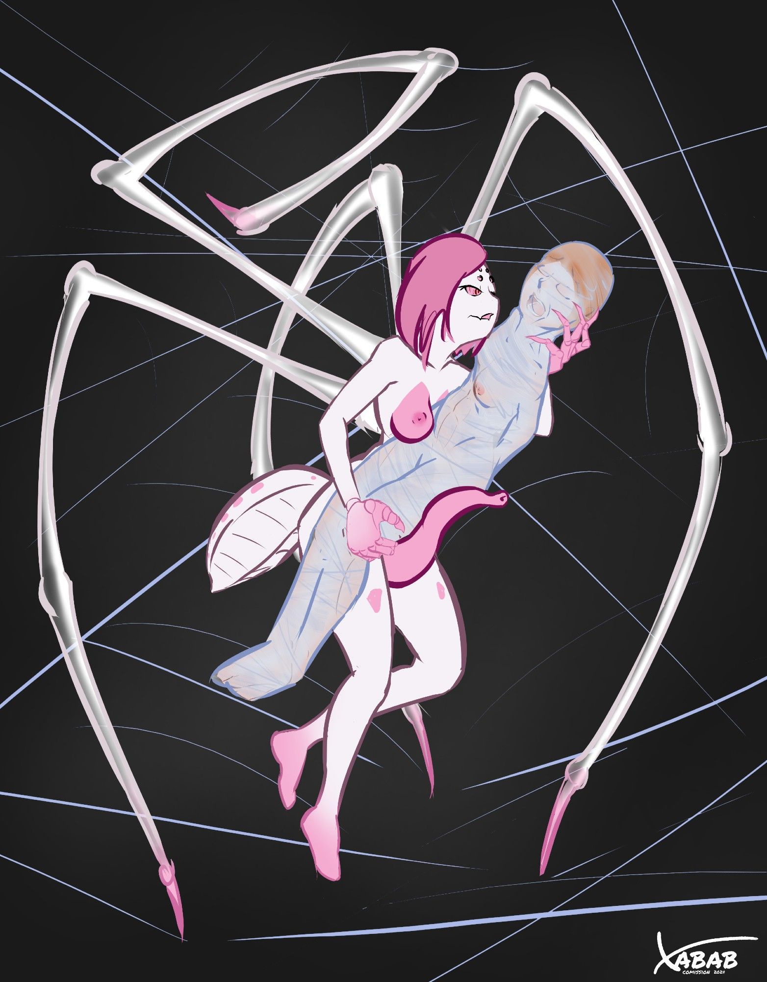 A majestic spider monstergirl holds a cocooned and completely immobile prey human girl flush against her chest with a smug grin. The cocoon is partly translucent and allows to see distressed face of the nude prey girl. A big erect ovipositor is protruding along the underside of the cocoon. A set of long, thin semi-translucent spider legs come out of spider girl's back, suspending her above the web; a small opisthosoma comes from her lower back. The spidergirl's color palette is predominantly pure white with pastel pink accents, which contrasts greatly against the dark-grey background. End description.