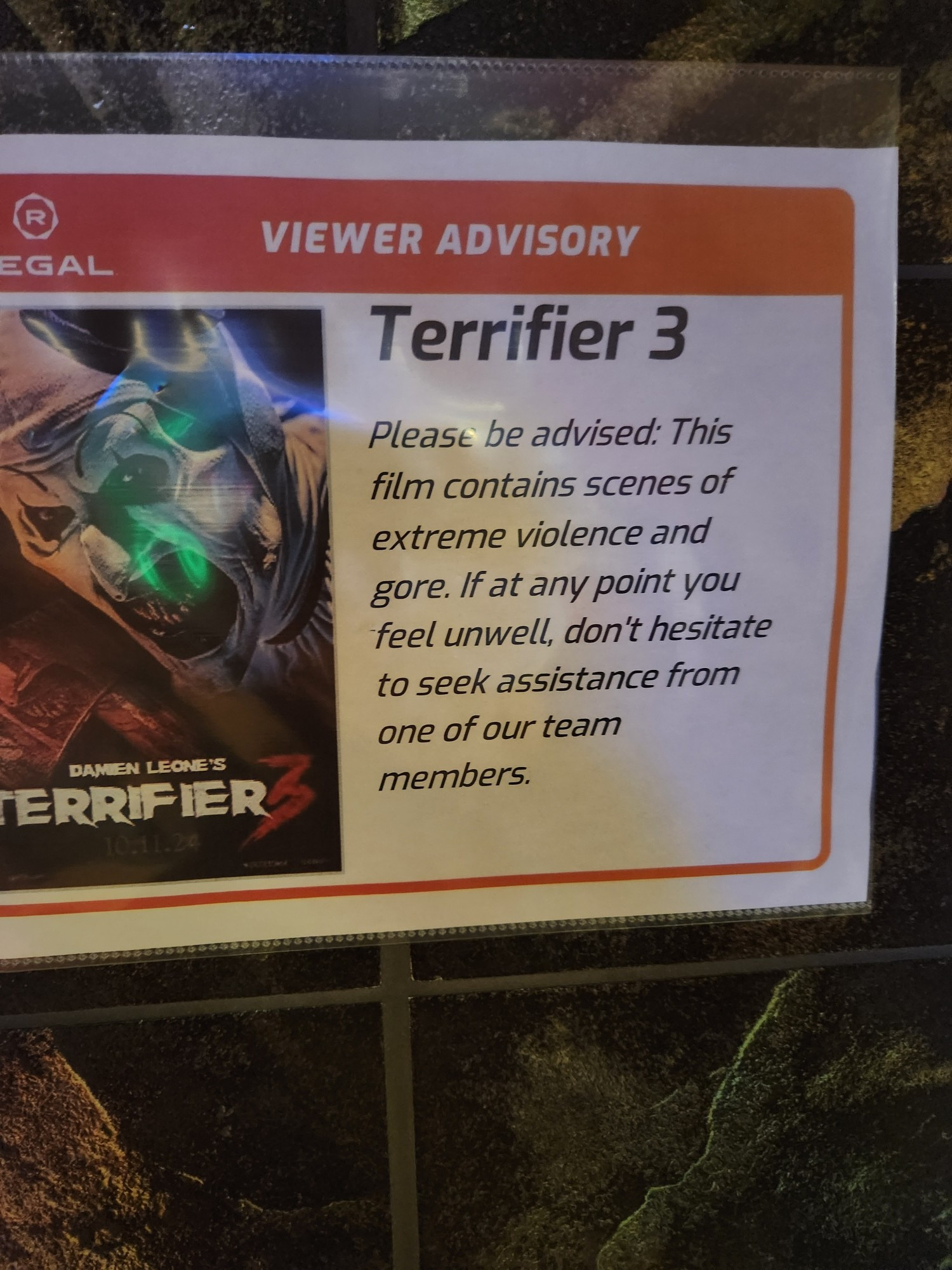 A warning about the violence and gore in Terrifier 3. Viewers are advised to seek out assistance if it becomes too much for them. 