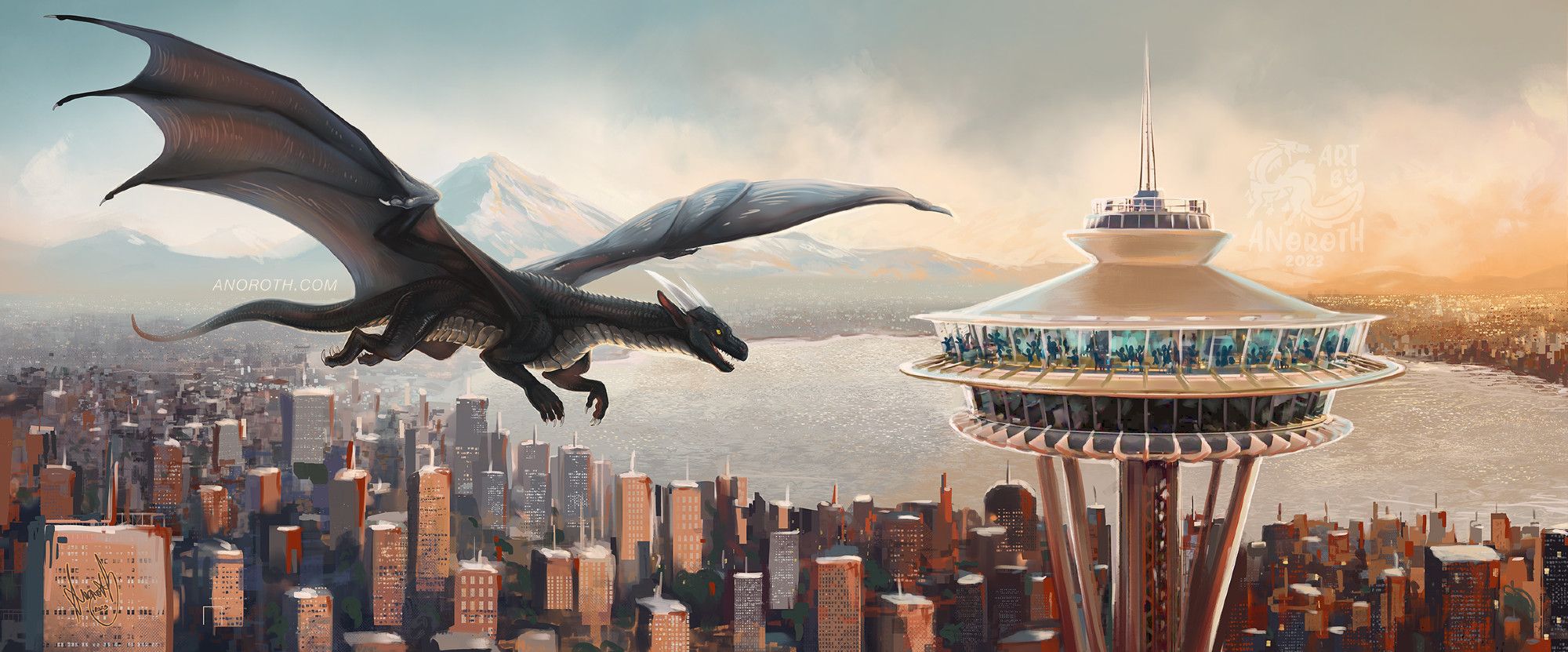 A black dragon flying over Seattle cityscape. It's passing the Seattle needle where people are glued to the windows excited with the view they have, waving to the dragon