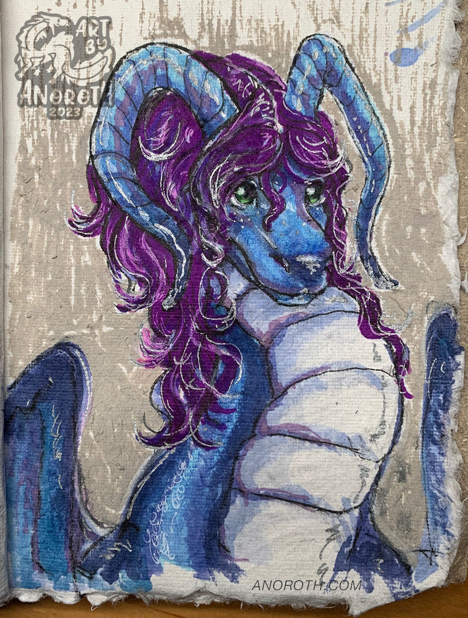 traditonal drawing of a blue dragon with violet hair