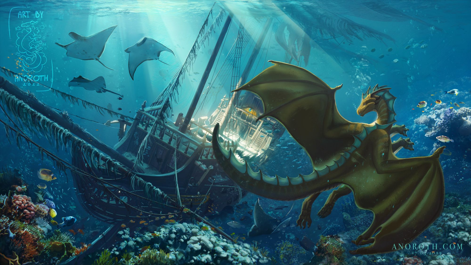 A bronze dragon is exploring an underwater shipwreck  between coral reef