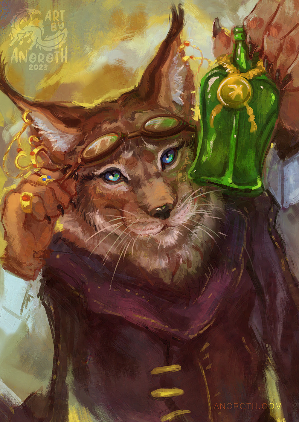 Tabaxi alchemist is holding up a green glass bottle, possibly with a suspicious drink inside. It's an antro cat wearing a violet robe and a lot of golden jewellery.