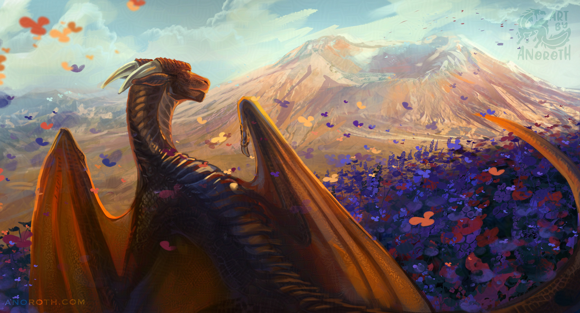 A black dragon seen from the back, lookign back at mt saint Helens. He is standing in a flower field and wind is blowing the flower petals towards the mountain