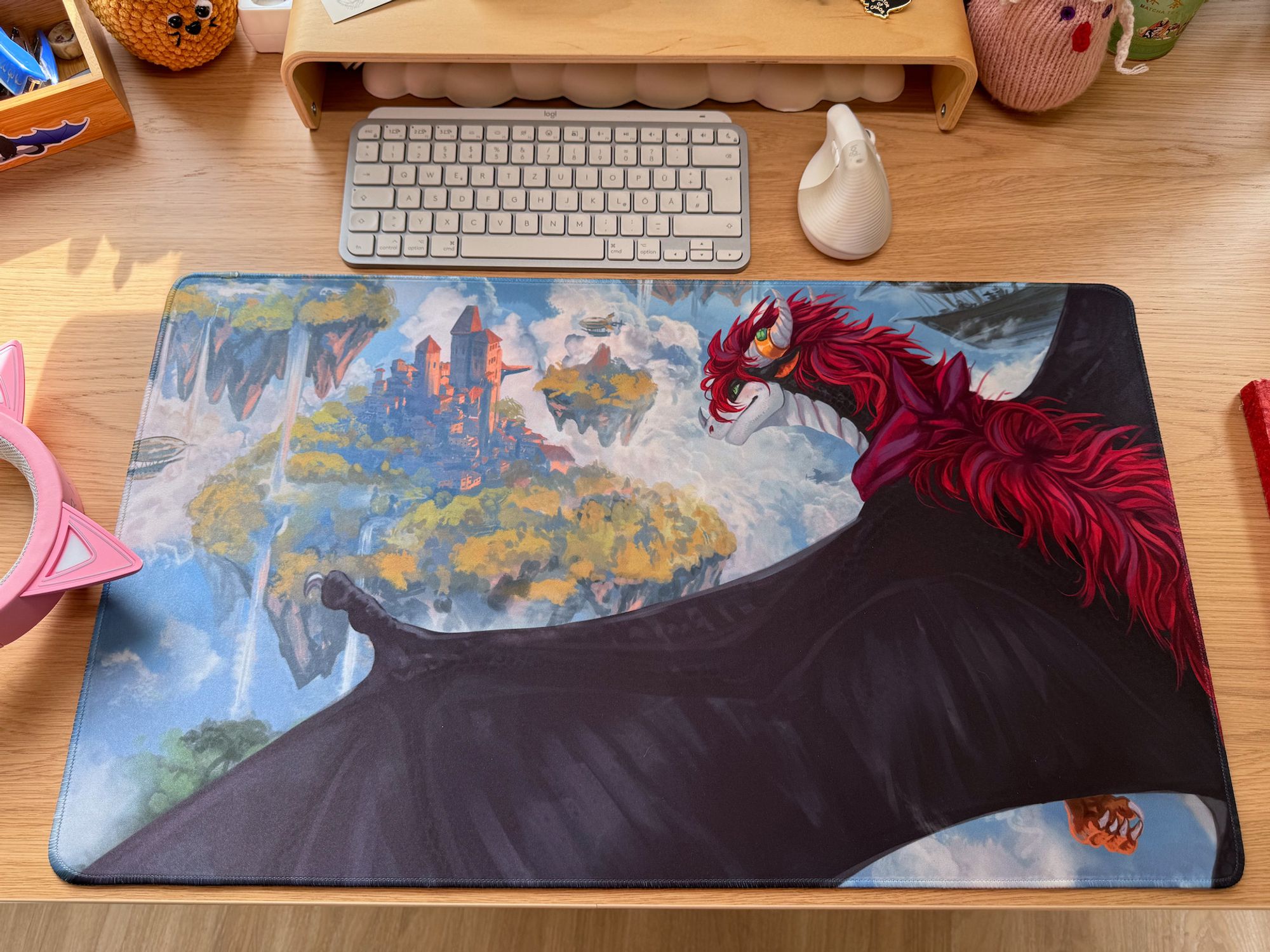 A big mousepad / playmat 70x40 cm featuring black, red and white color dragon approaching steampunk style floating islands