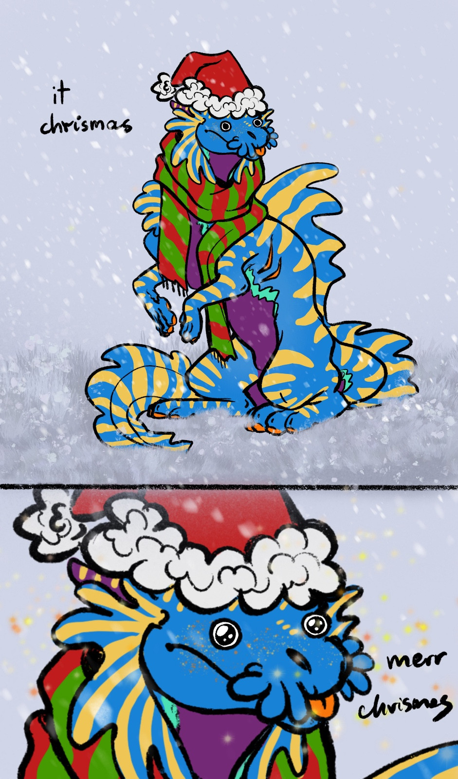 blue dragon sitting on snow, wearing santa hat and a scarf wishing you merry Christmas