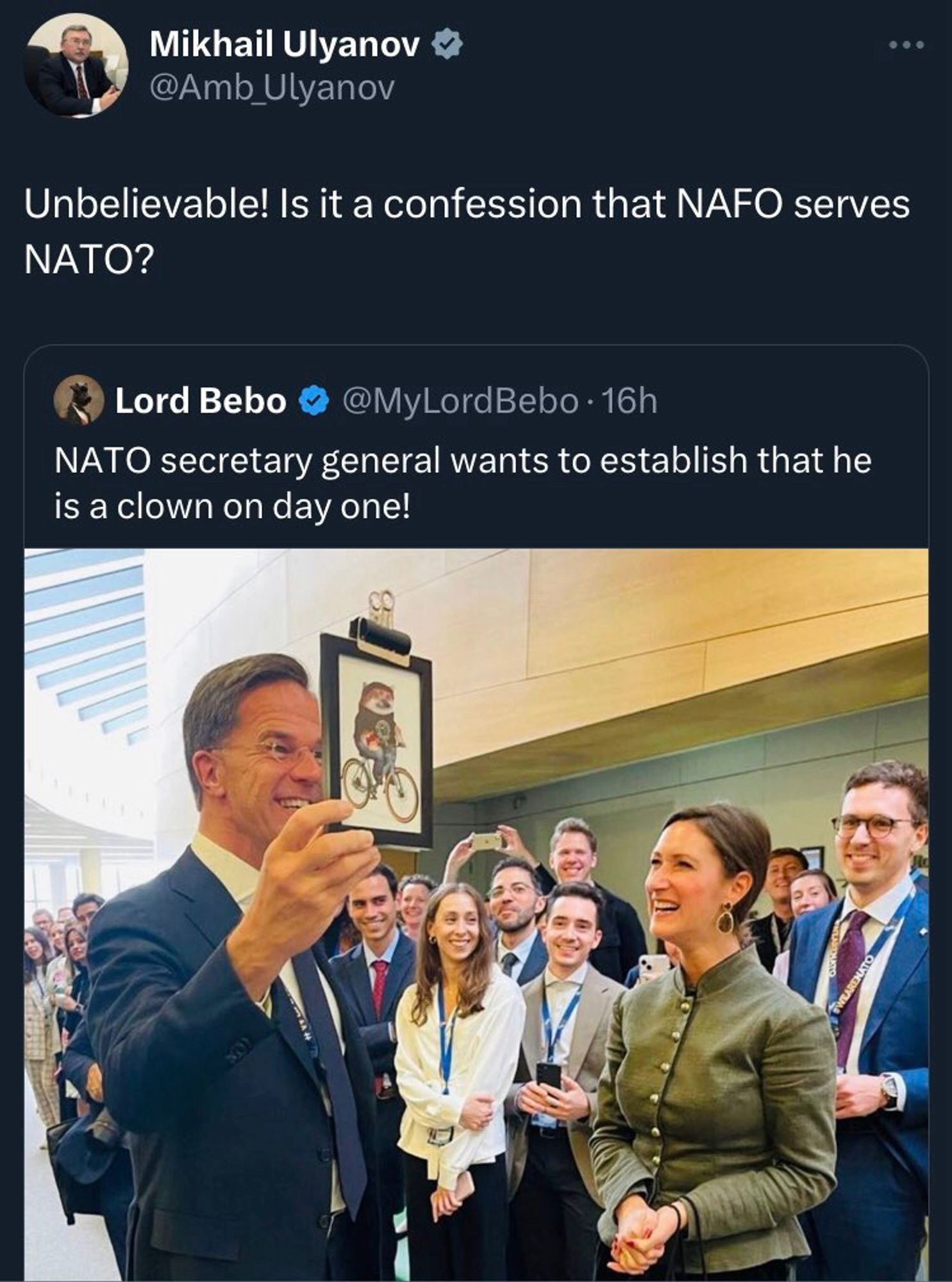 The picture shows the new NATO Secretary General Mark Rutte with his new NAFO avatar. It is a screenshot of a Twitter post by the alleged Russian war criminal, genocider and ambassador Ulyanov who writes: "Unbelievable! Is it a confession that NAFO serves NATO?"

The russian war criminal Ulyanov was one of the first prominent russian victims of NAFO.