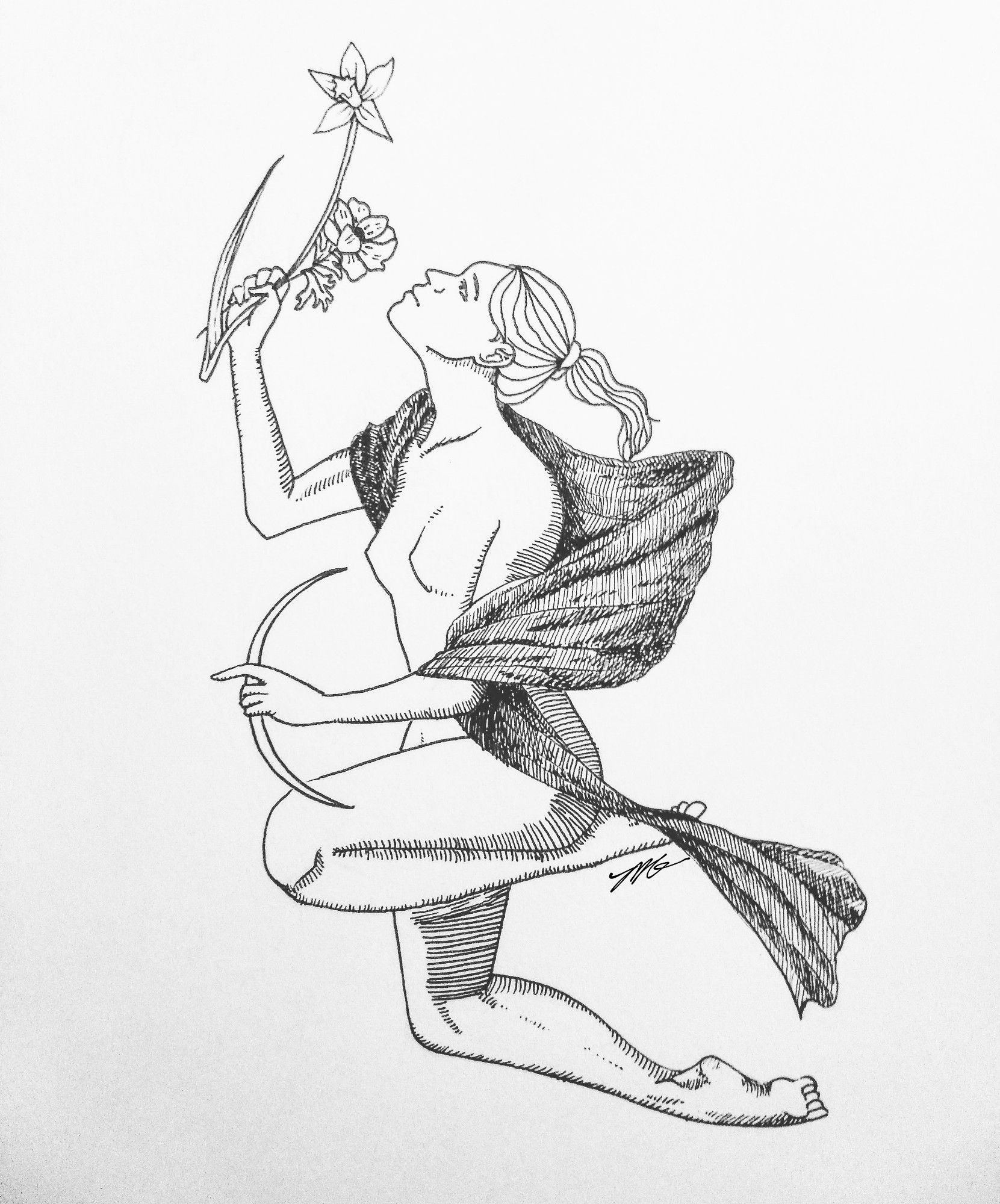 A pen and ink illustration of a nude person, viewed from the side, with a dark shawl over their shoulders. They seem to be flying, and are looking up with a short ponytail flowing downward. In their right hand, which is slightly raised, they hold an anemone flower and a daffodil flower. In their left, held closer to their body, is a crescent bow with no arrow.