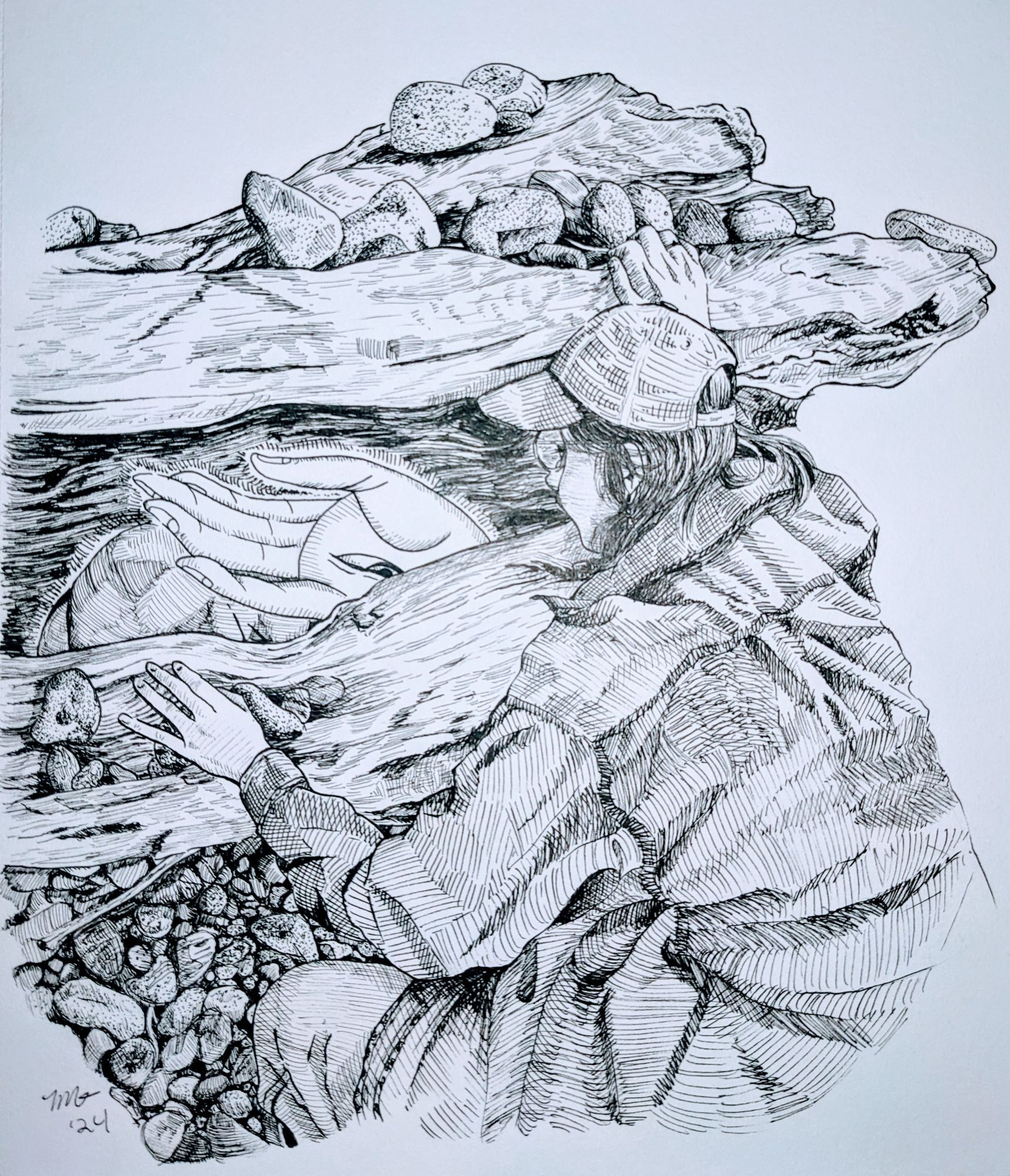 A pen and ink drawing of a person in a loose-fitting shirt and a baseball cap kneeling over stones and peering into a hollowed out log on its side. Inside of the log is an unnaturally large hand with an upside down eye on the palm, which seems to be looking out at the person.