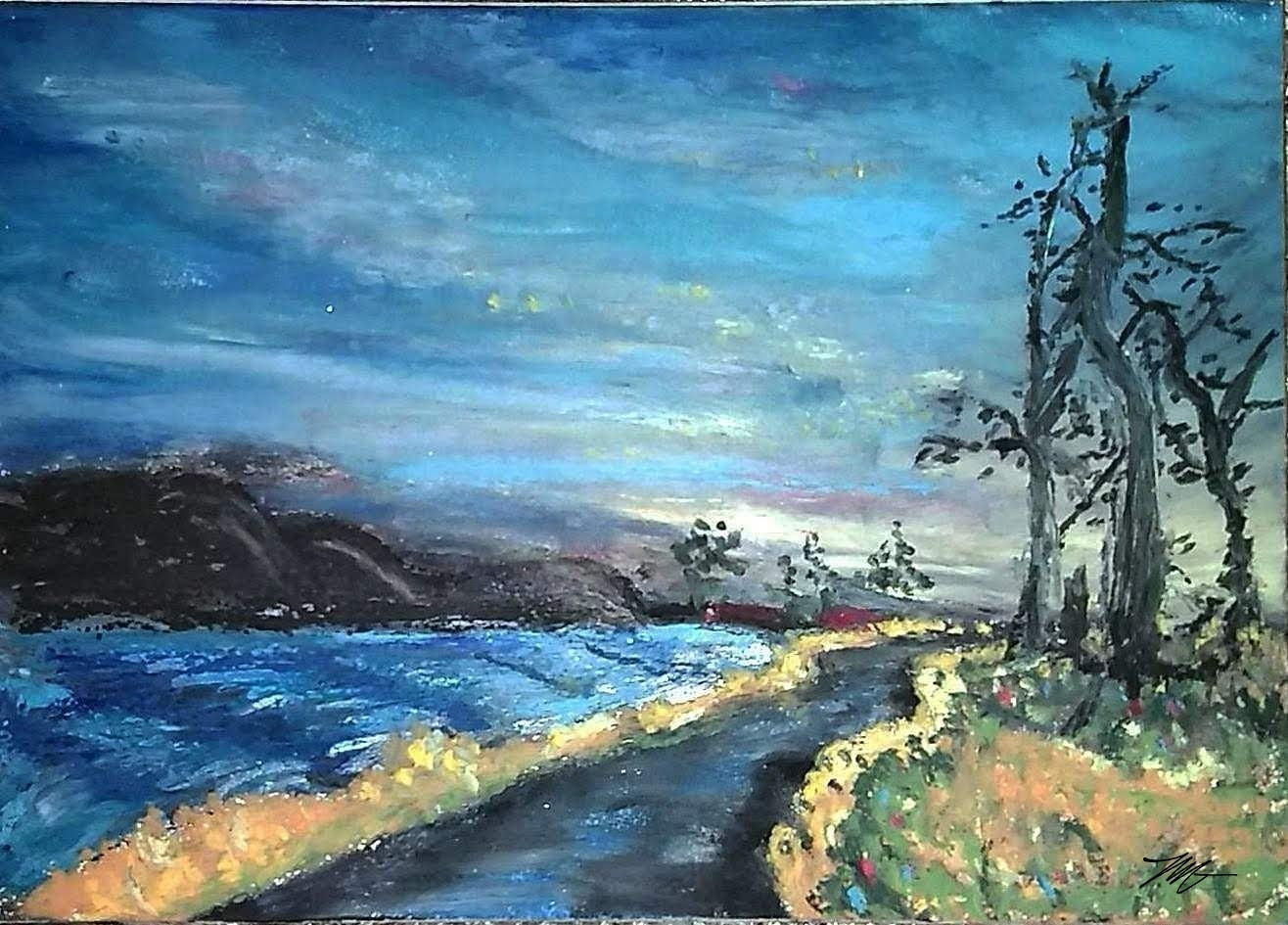 A landscape oil pastel painting of a path by a creek. To the right is mostly brown vegetation with some color and a few leafless trees. Yellow clouds streak across a darkening blue sky as the sun sets. 