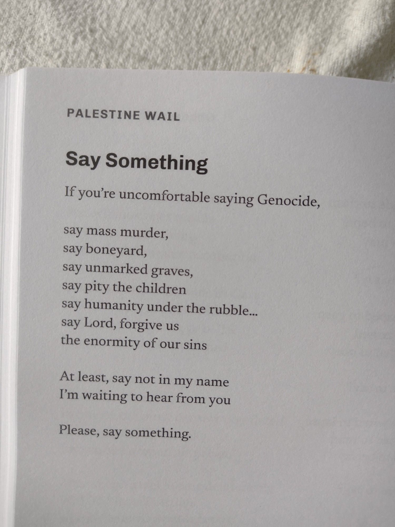 Say Something

If you're uncomfortable saying Genocide,

say mass murder,
say boneyard,
say unmarked graves,
say pity the children
say humanity under the rubble...
say Lord, forgive us
the enormity of our sins

At least, say not in my name
I'm waiting to hear from you

Please, say something.