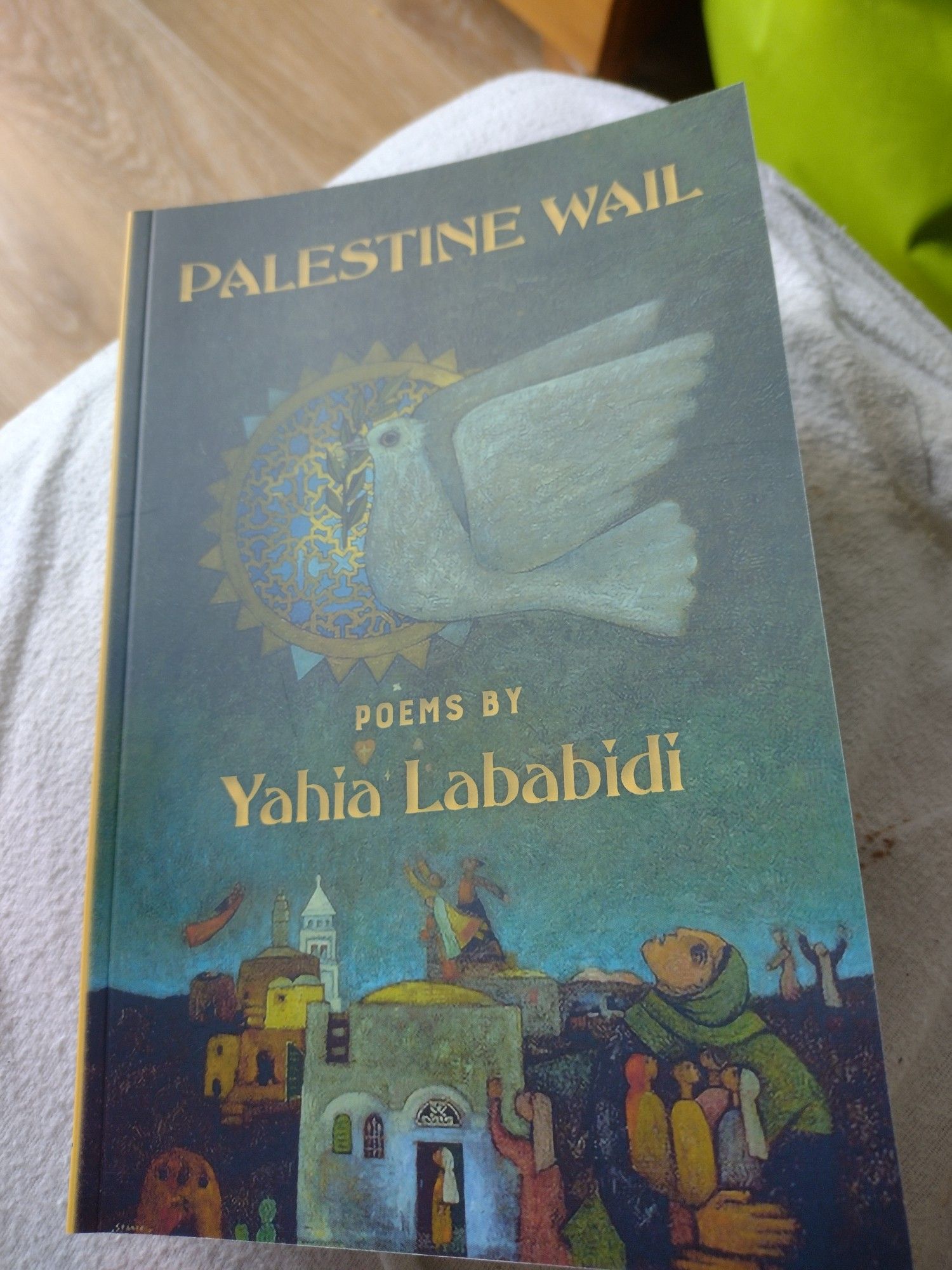 Een boek ligt op een laken: Palestine Wail - Poems by Yahia Lababidi. De covert art is gemaakt door Sliman Mansour en heet "Symbol of Hope". Het is een abstracte tekening met donkergroene achtergrond, boven een vredesduif met een takje in zijn snavel, een zon; onder gebouwen en mensen die naar boven kijken. Sommige van de mensen stijgen op en zweven de lucht in