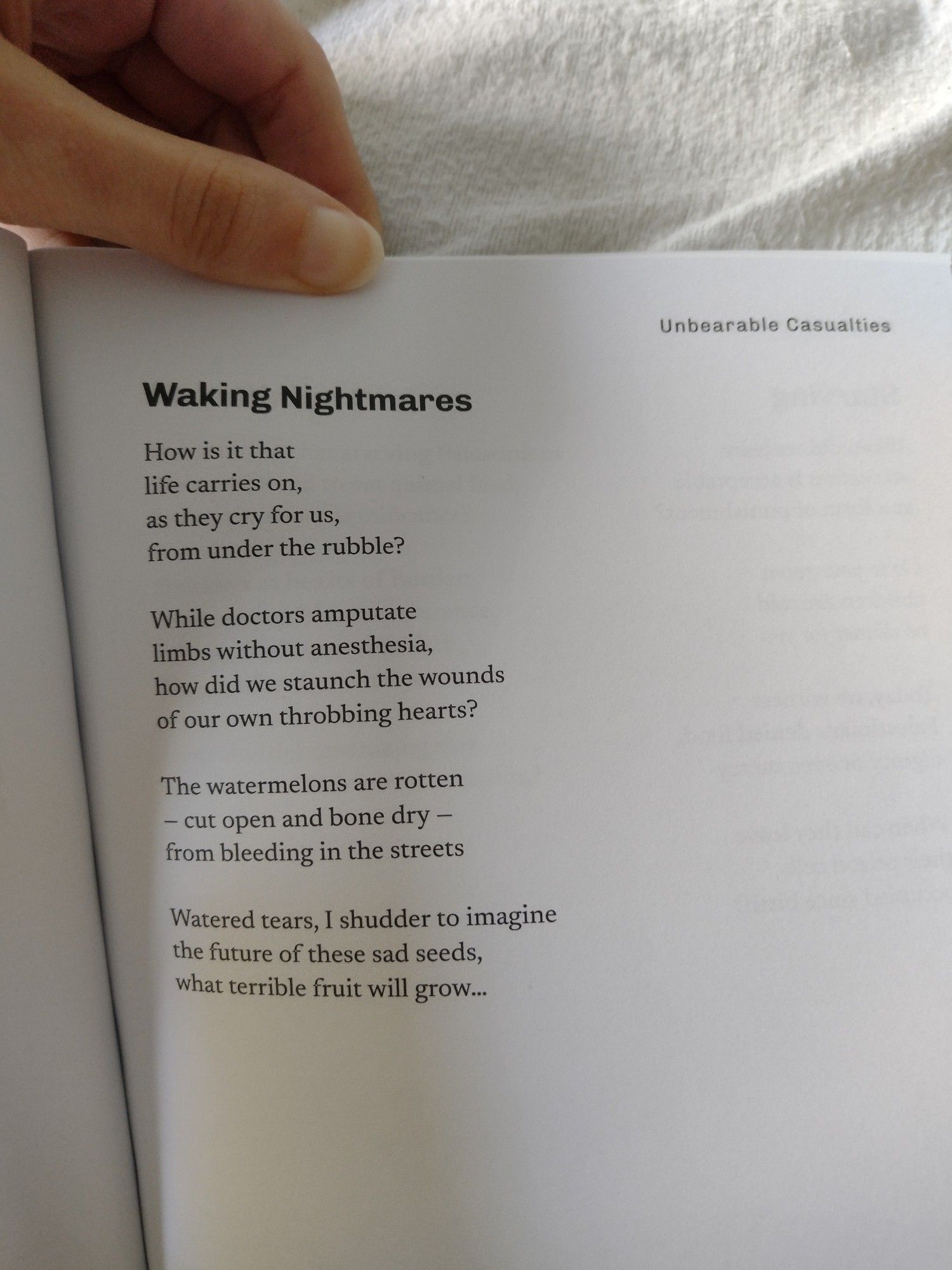 Waking Nightmares

How is it that
life carries on,
as they cry for us,
from under the rubble?

While doctors amputate
limbs without anesthesia,
how did we staunch the wounds
of our own throhbing hearts?

The watermeloen are rotten
- cut open and bone dry -
from bleeding in the streets

Watered tears, I shudder to imagine
the future of these sad seeds,
what terrible fruit wil grow...