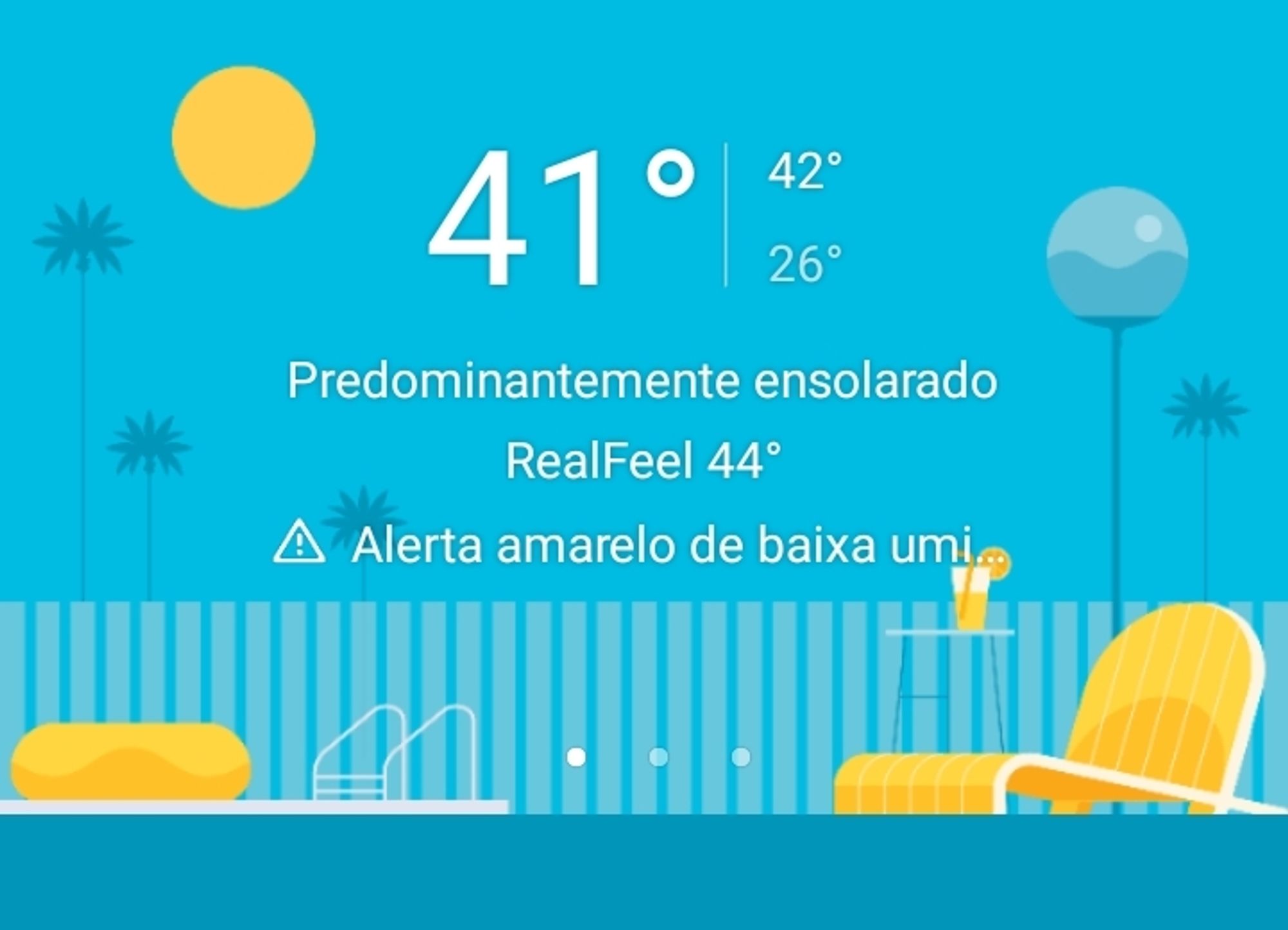 Print da temperatura da minha cidade, está 41° mas a sensação térmica é 44°