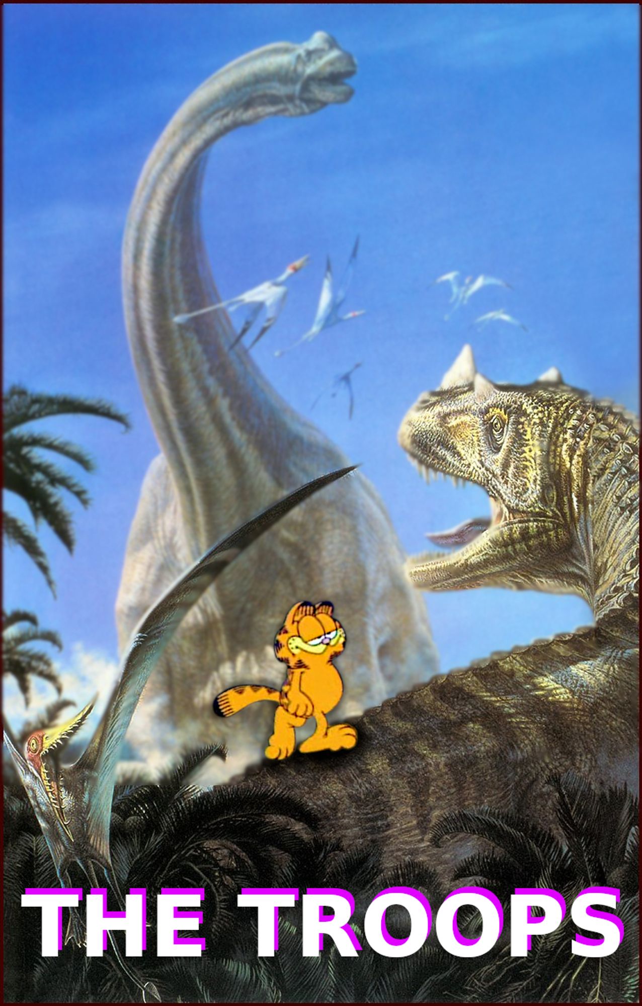 Garfield is walking on the back of a dinosaur. the words "the troops" is below